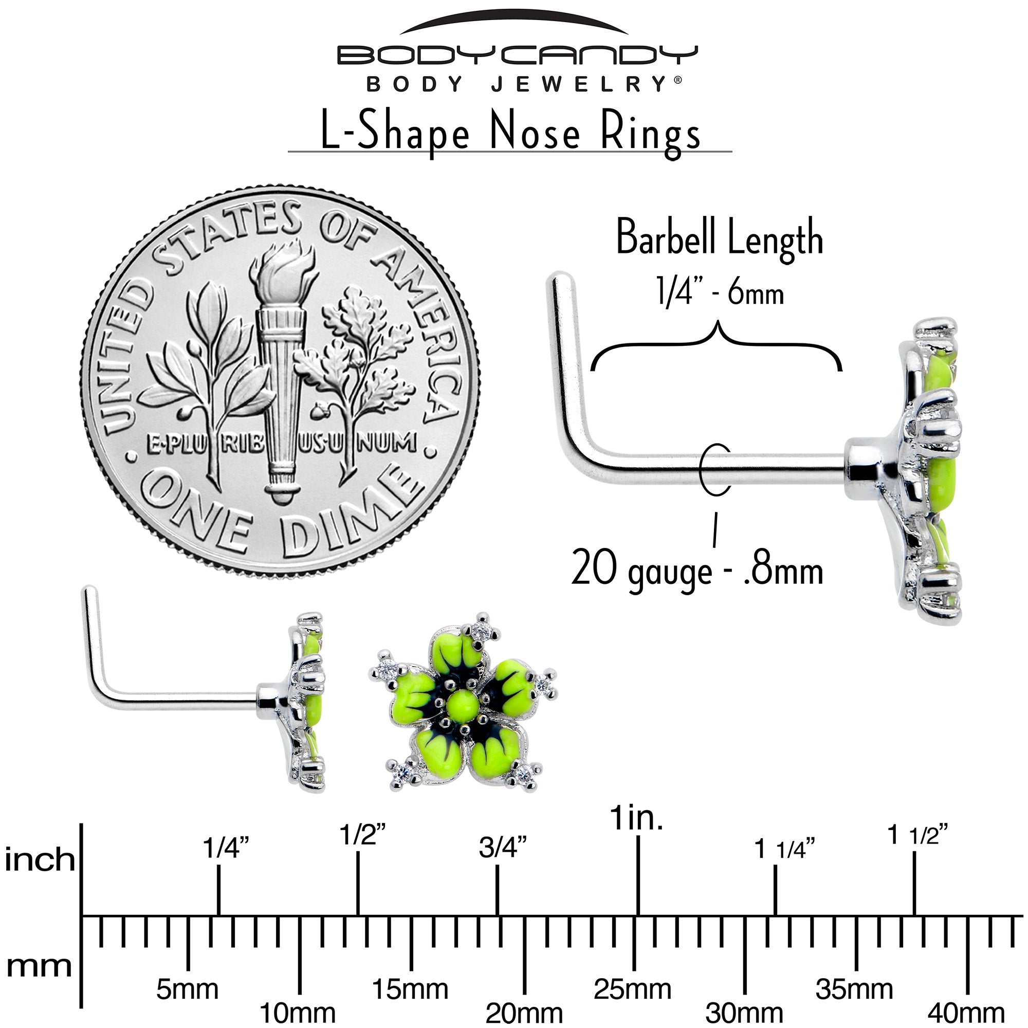 7mm Clear CZ Gem L Shape Nose Ring - Flower Design