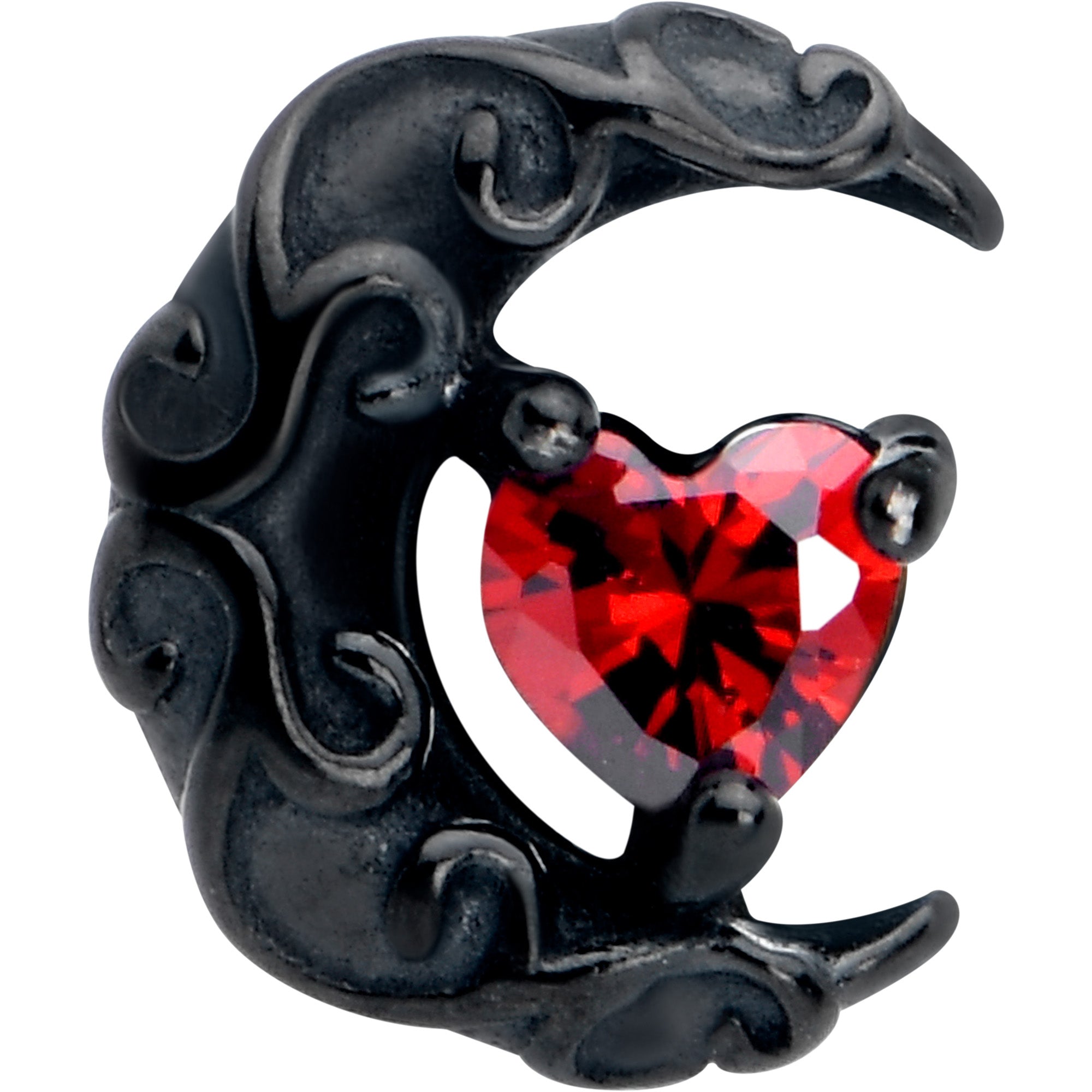 Black Scroll Tongue Ring with Red CZ Gem and Moon Heart Accent
