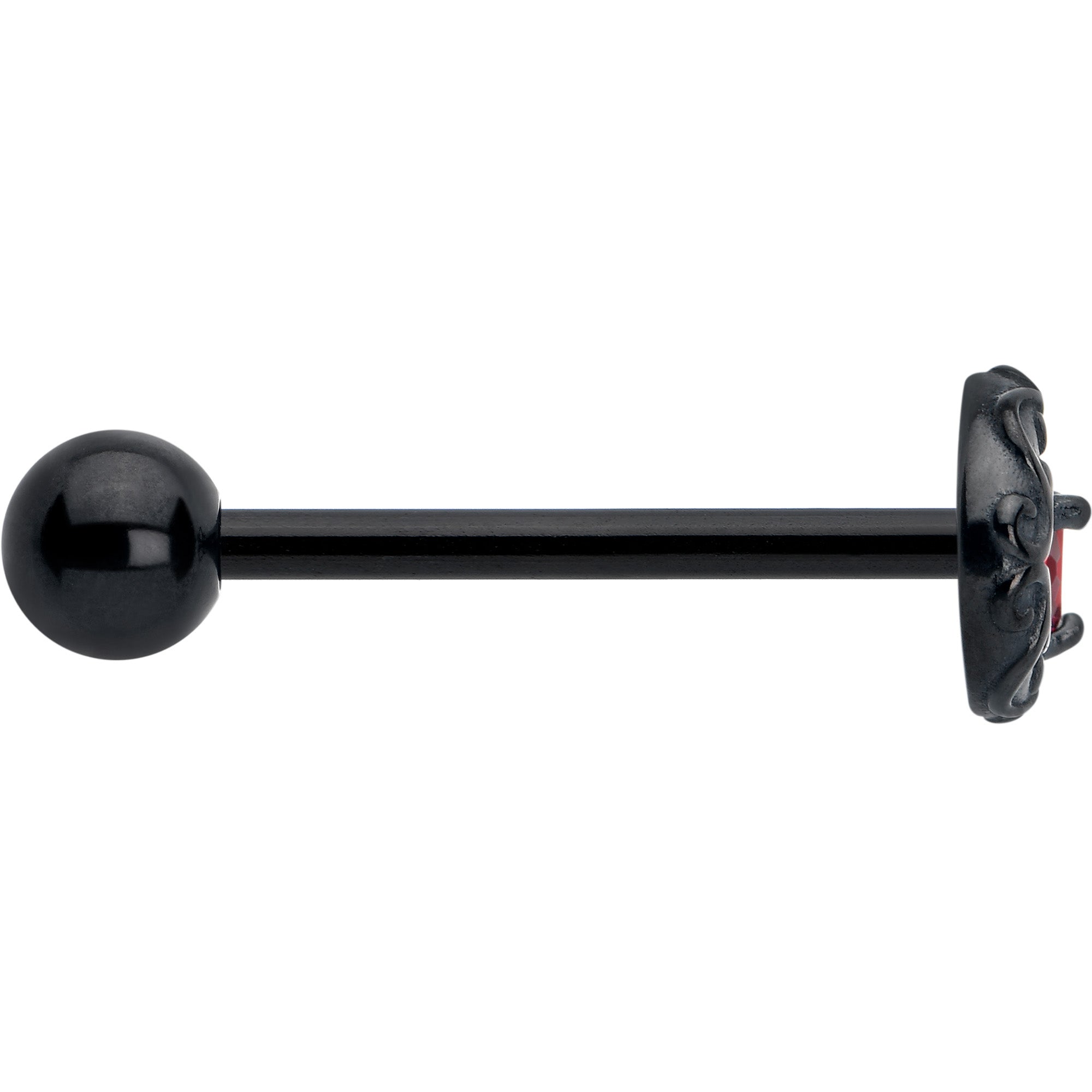 Heart-Shaped Red CZ Gem Barbell Tongue Ring with Black Scroll Detailing