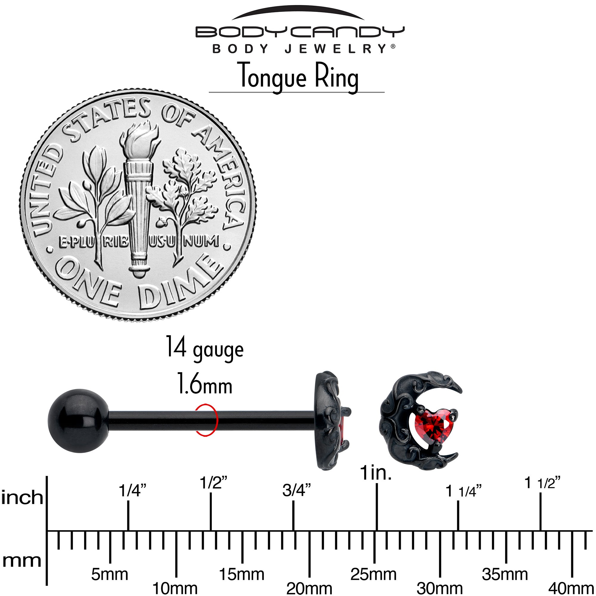 Elegant Black Scroll Tongue Ring Featuring Red CZ Gem and Moon Heart