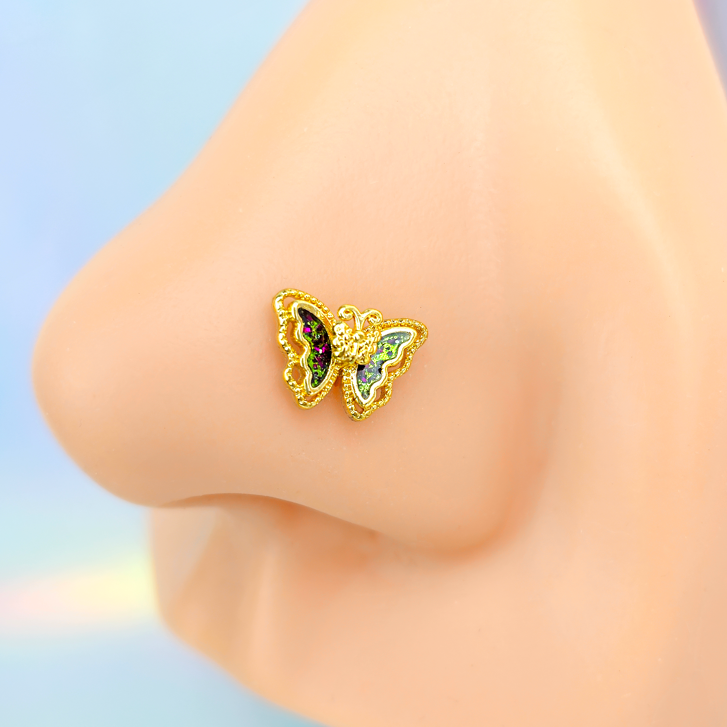 20G 7mm Vitrail Gem Classic Butterfly Golden L Shape Nose Ring