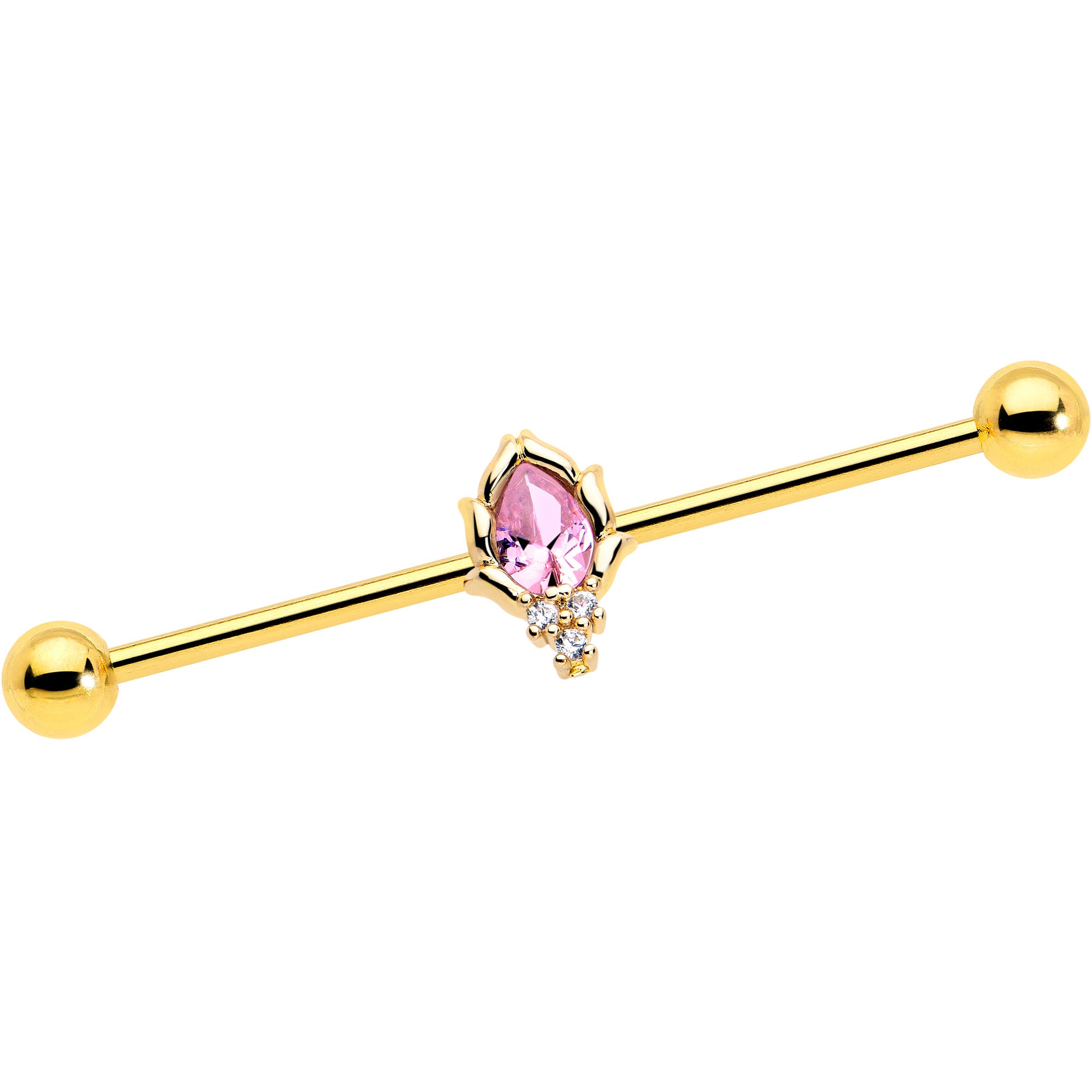 14 gauge pink CZ gem industrial barbell in gold tone, 38mm