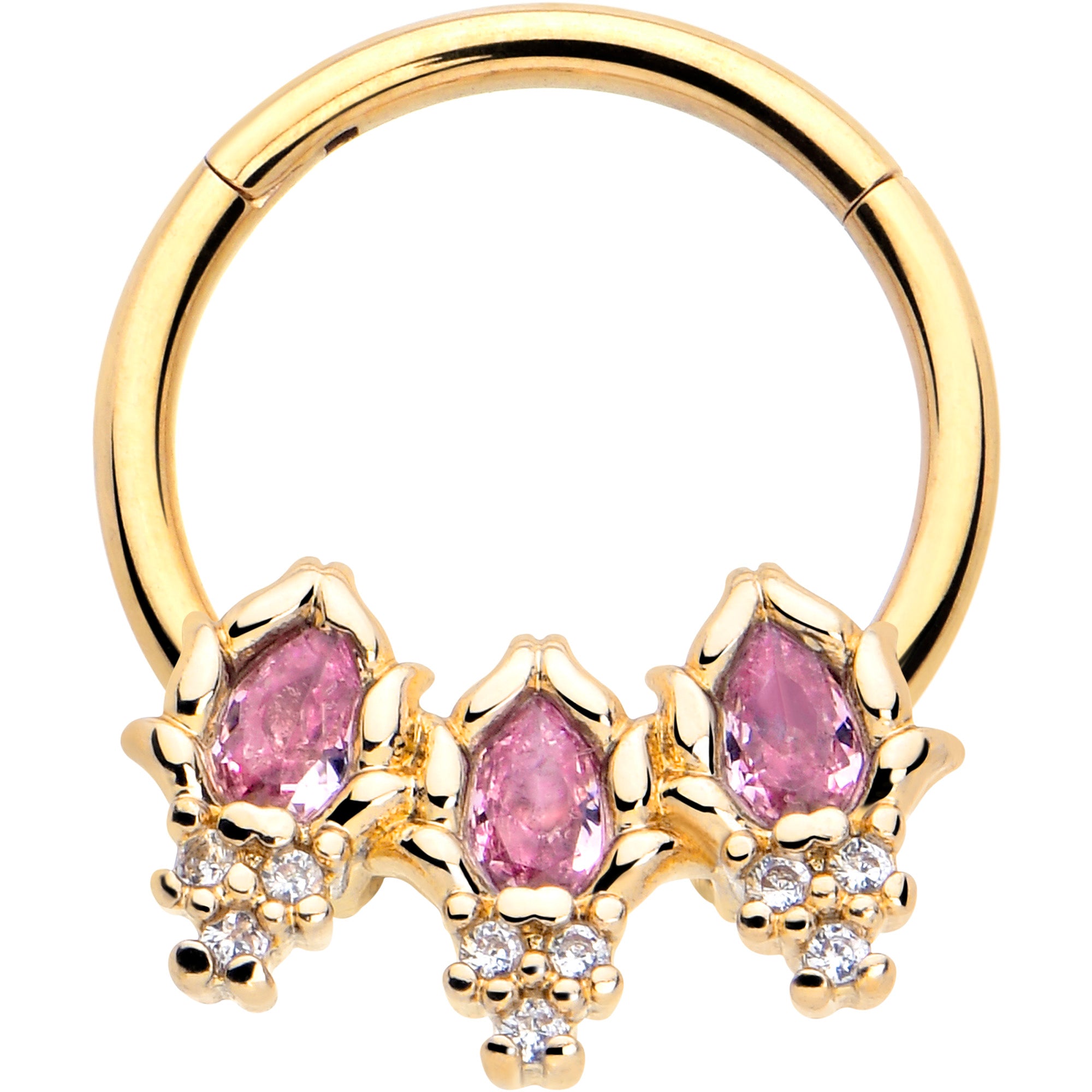 Gold Tone Fire Hinged Segment Ring with Pink CZ Gem