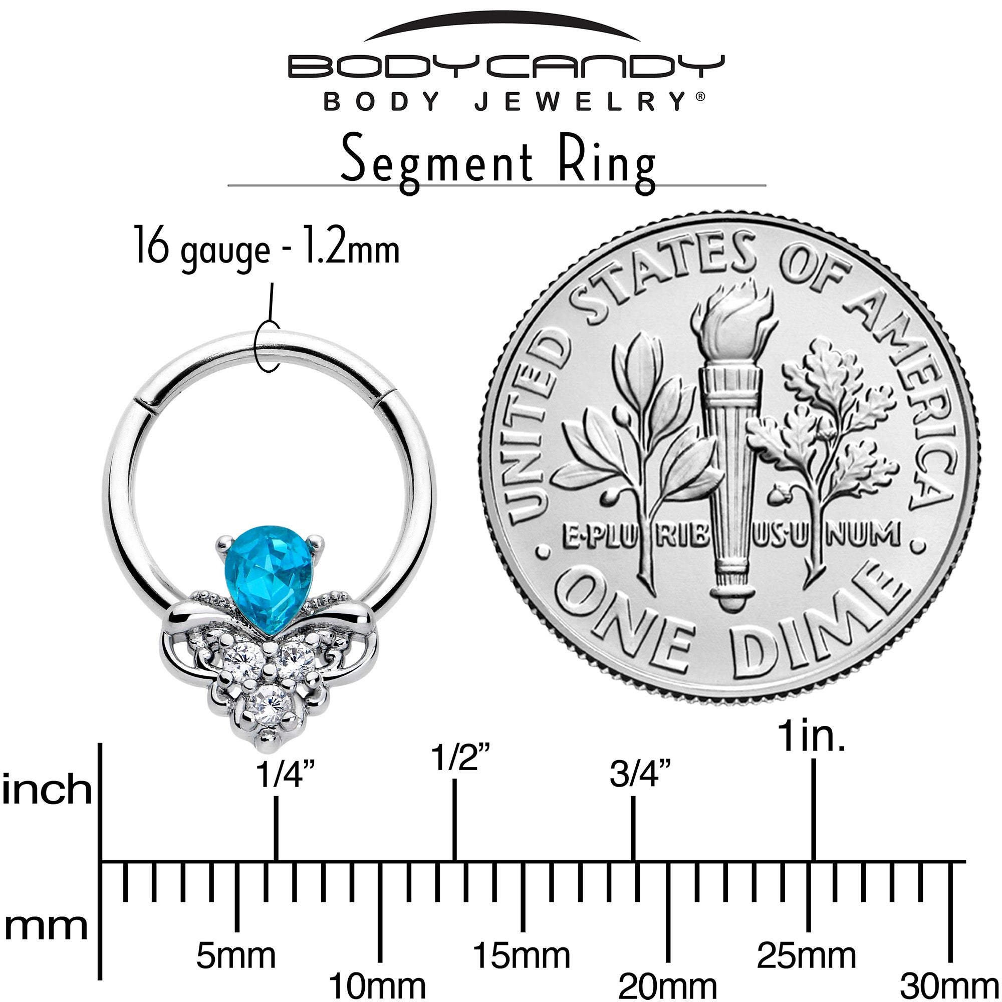 Stylish blue gem hinged ring, 3/8 inch, 16 gauge