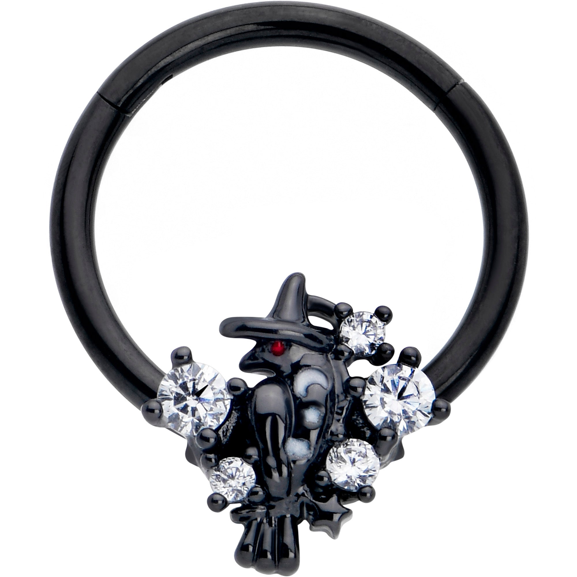16 gauge hinged segment ring with clear CZ gem and black raven design