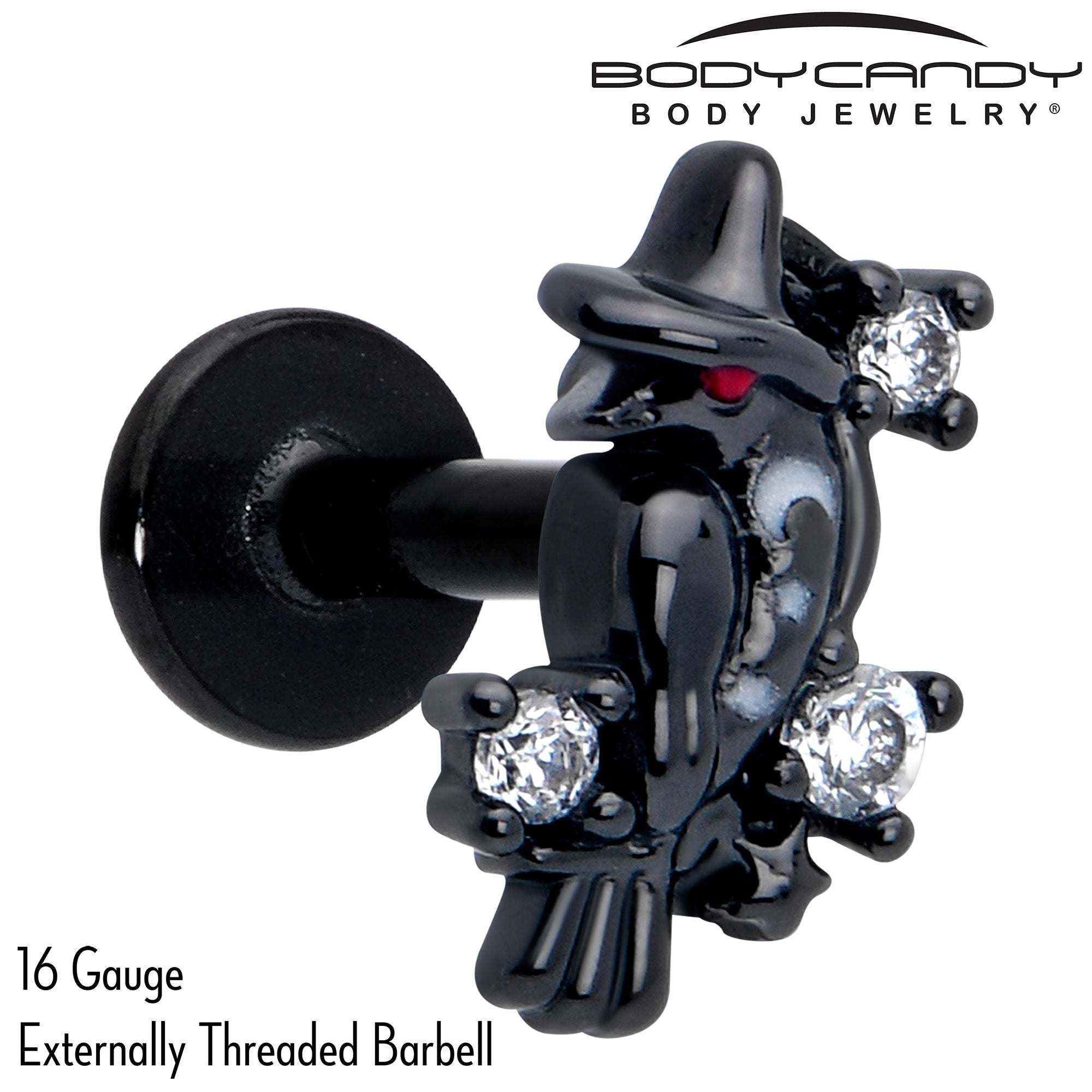 16 Gauge Labret with Clear CZ Gem and Raven Design