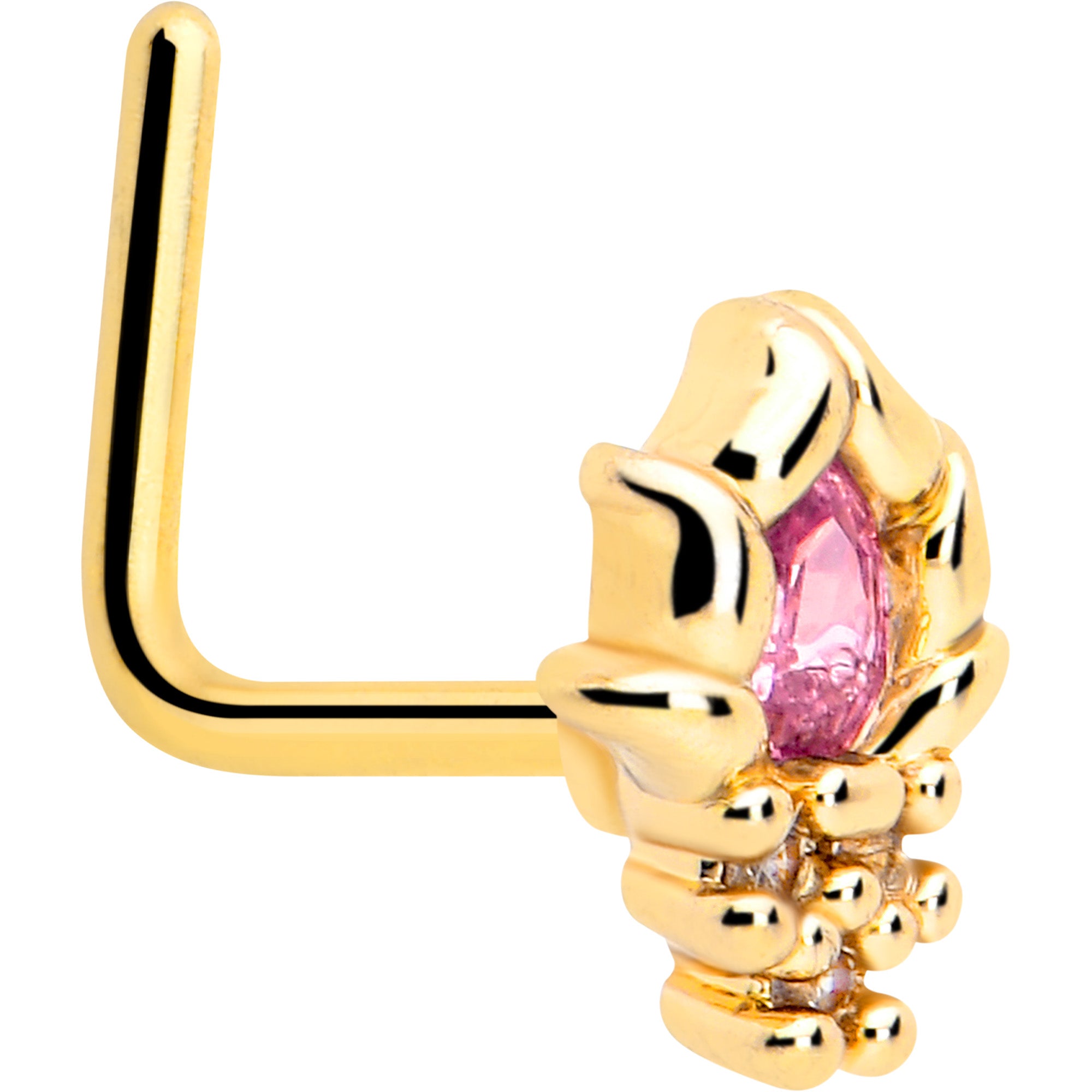 20 Gauge Pink CZ Gem Gold Tone L Shape Nose Ring