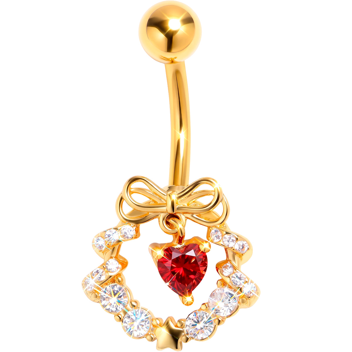 Clear Red CZ Gem Gold Tone Heart Wreath of Love Belly Ring