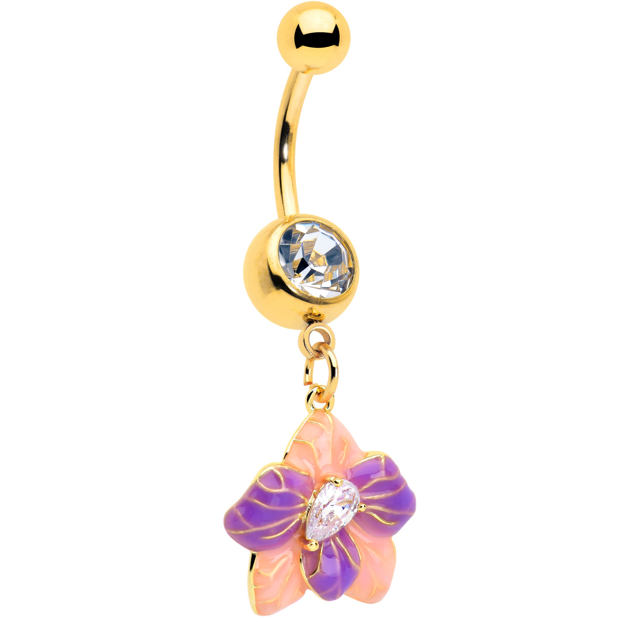 Clear Gem Gold Tone Pastel Flower Belly Ring