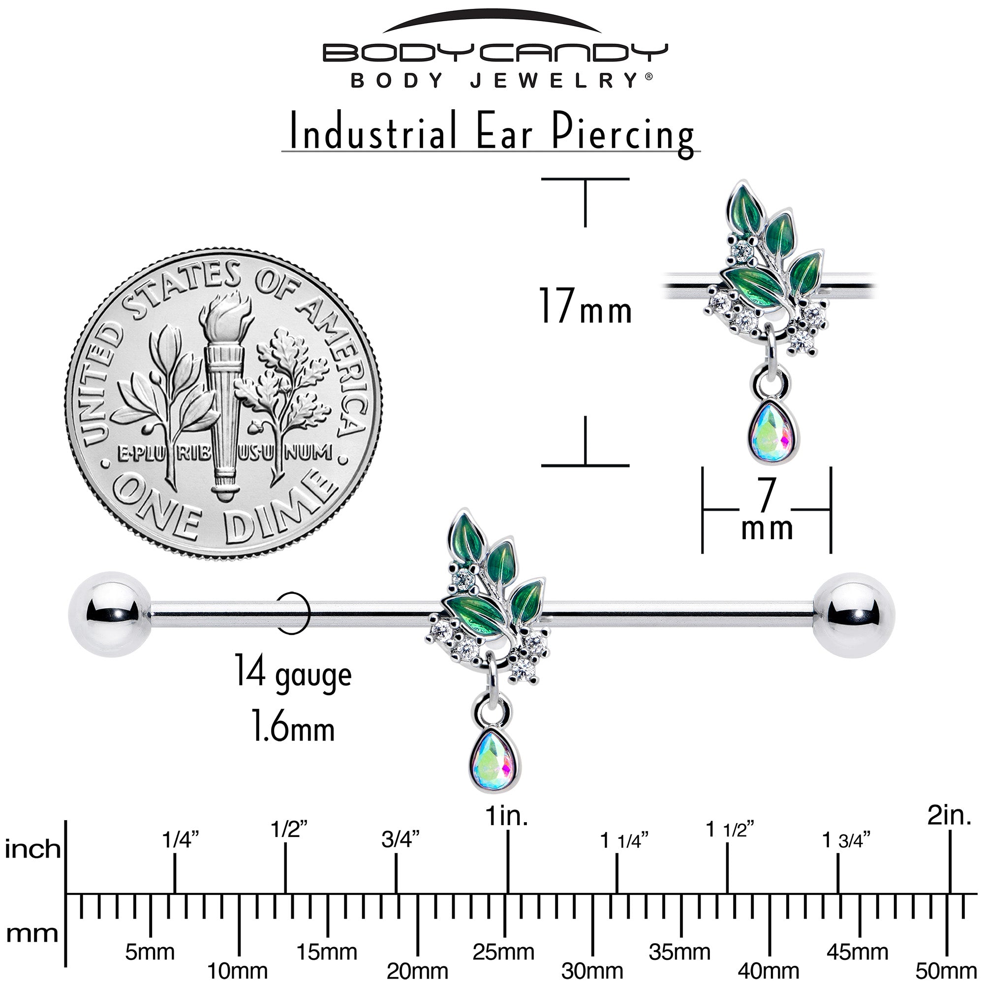 14 Gauge Industrial Barbell with Aurora CZ Gem and Morning Leaves Design