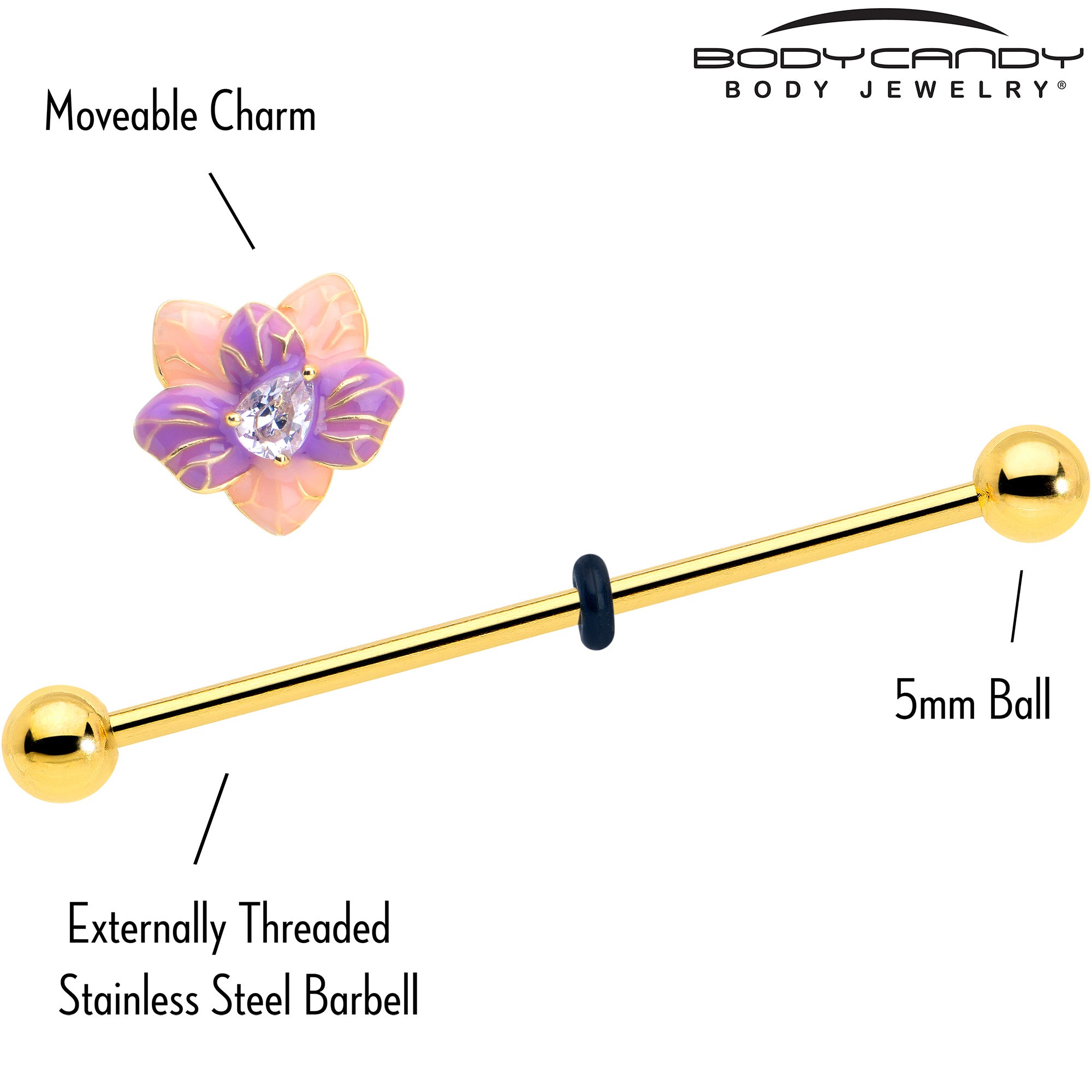 Gold Tone Industrial Barbell with Pastel Flower