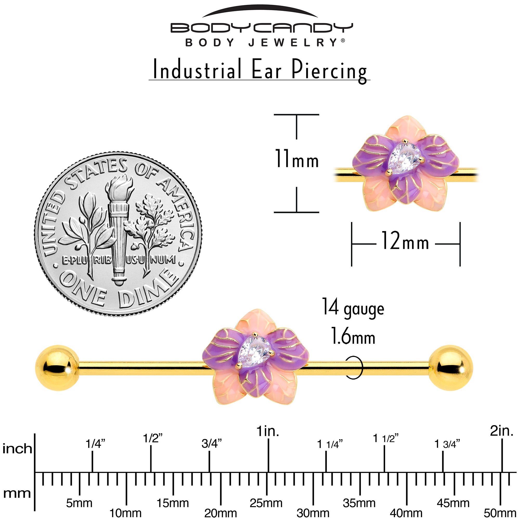 14 Gauge Clear Gem Industrial Barbell with Flowers