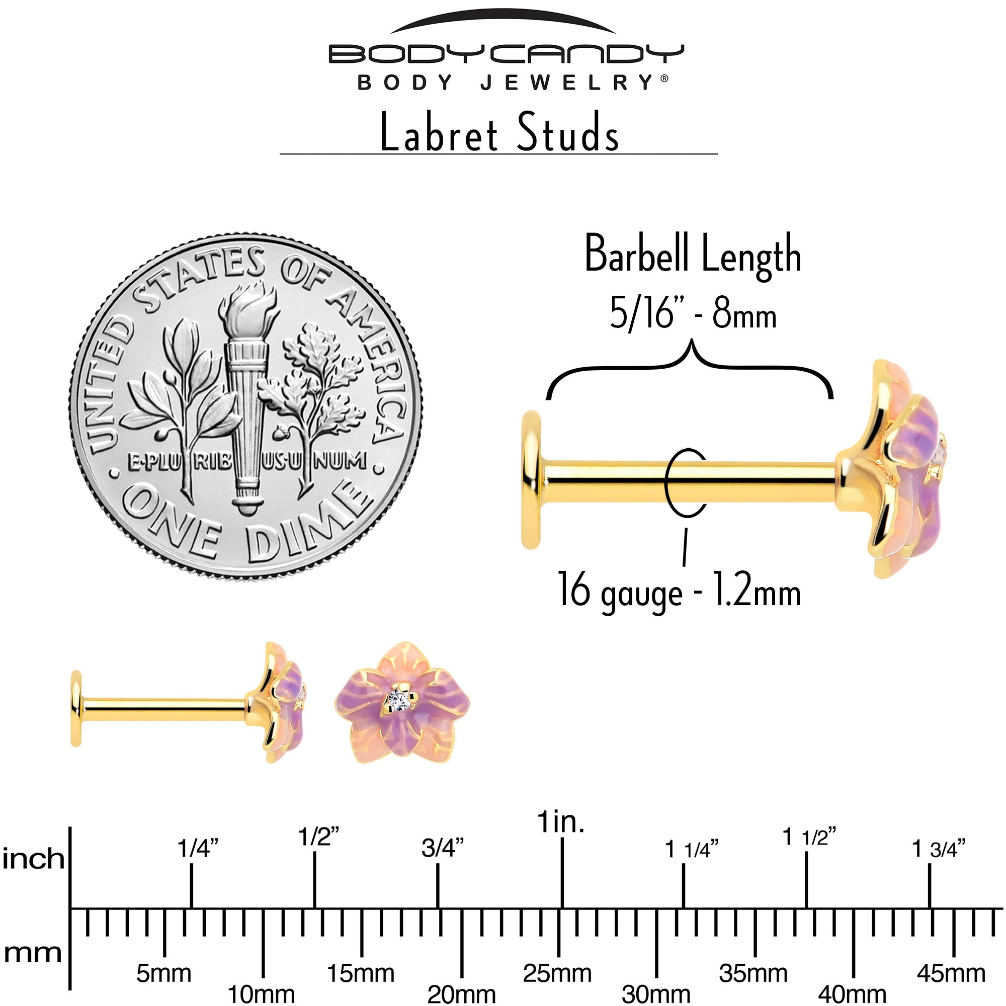 16 Gauge 5/16 Gold Tone Labret Monroe Tragus with Gem