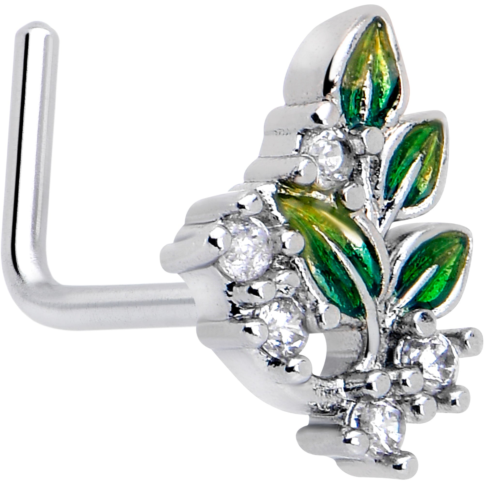20 Gauge 7mm Clear CZ Gem Morning Leaves Nose Ring