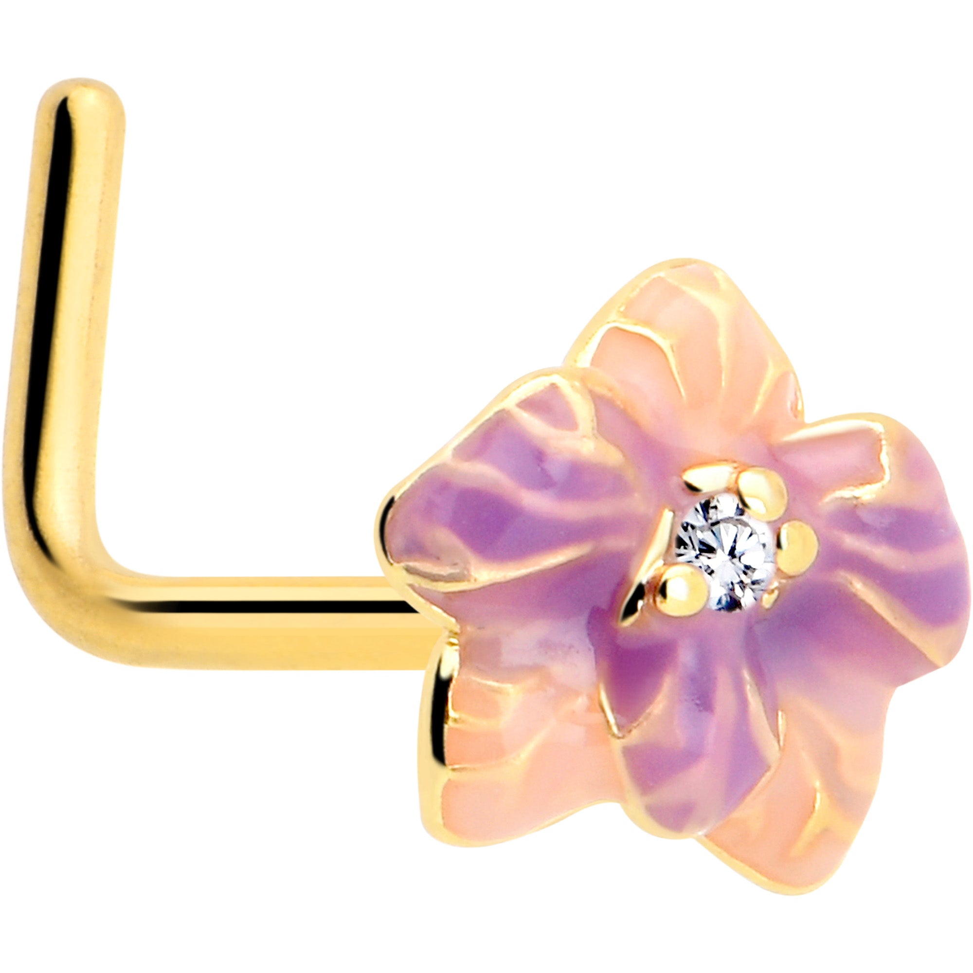 20 Gauge 7mm Clear Gem Gold Tone Pastel Flower Nose Ring