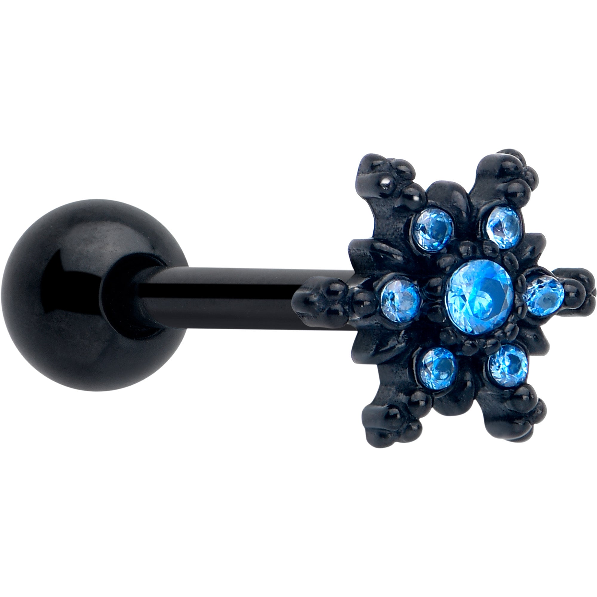 Blue CZ gem black gothic snowflake tongue ring