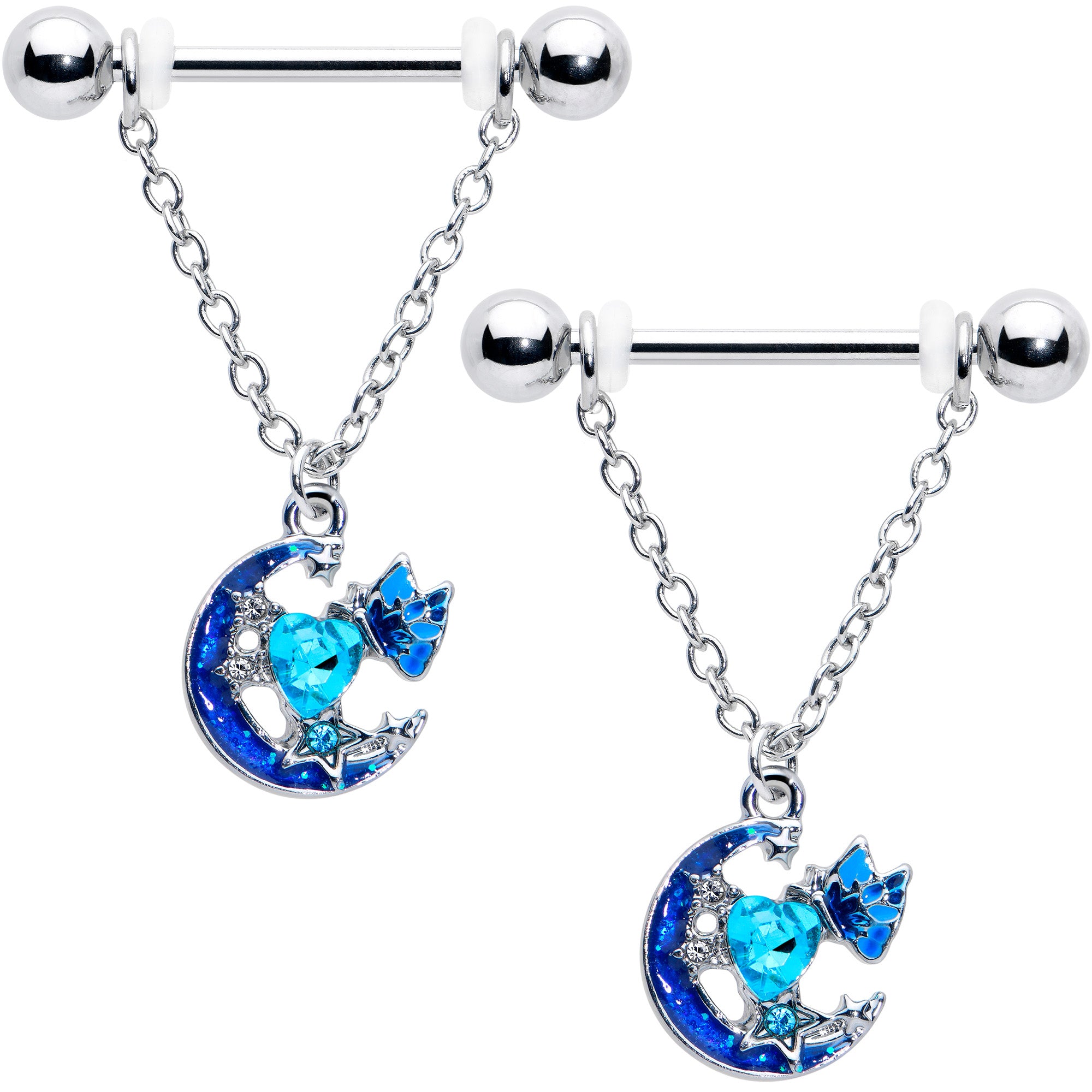 14G 9/16 Blue Gem Butterfly Love Heart Dangle Nipple Ring Set