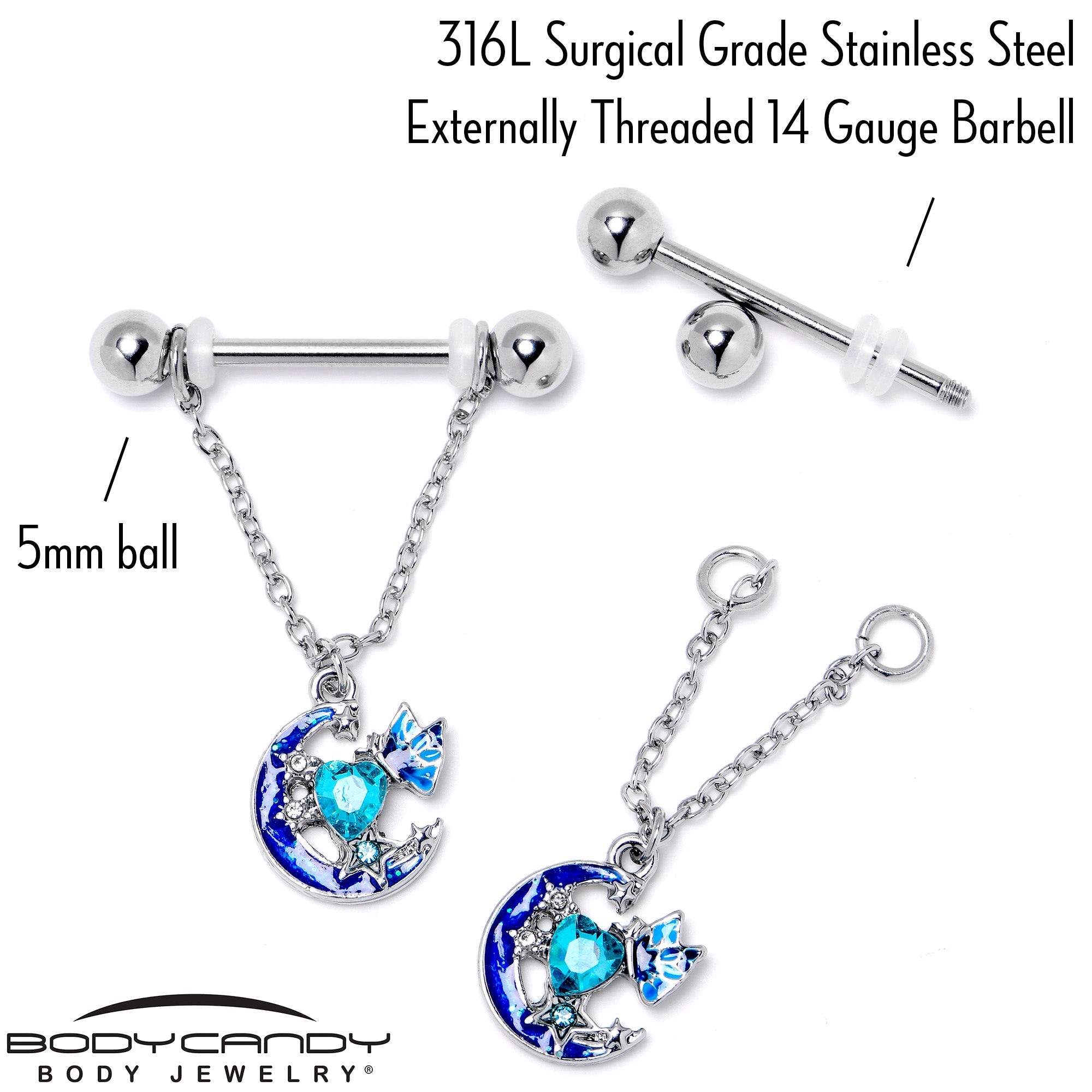 14G 9/16 Blue Gem Butterfly Love Heart Dangle Nipple Ring Set