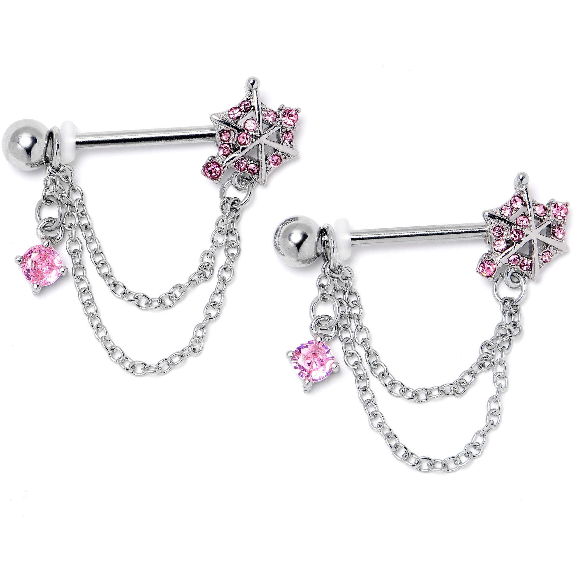 14G 9/16 Pink CZ Gem Spiderweb Chain Dangle Nipple Ring Set
