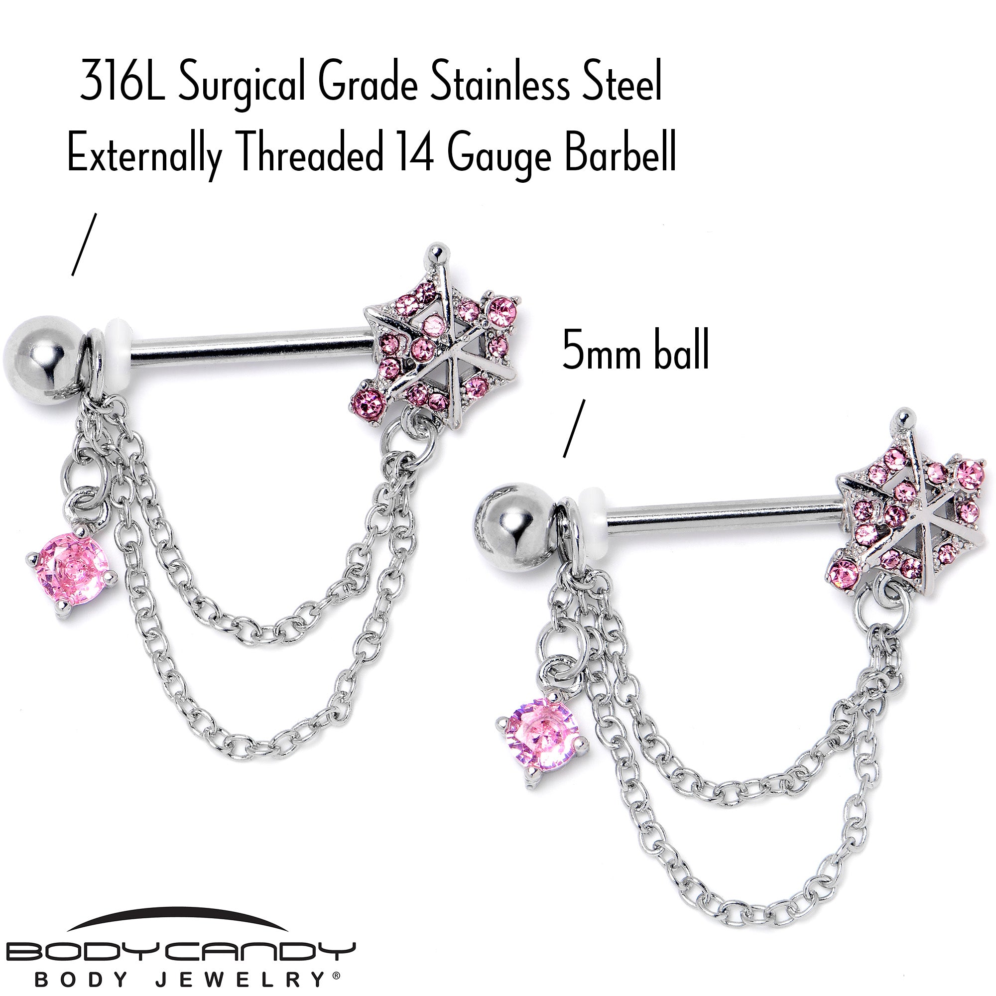 14 Gauge 9/16 Pink CZ Gem Spiderweb Chain Dangle Nipple Ring Set