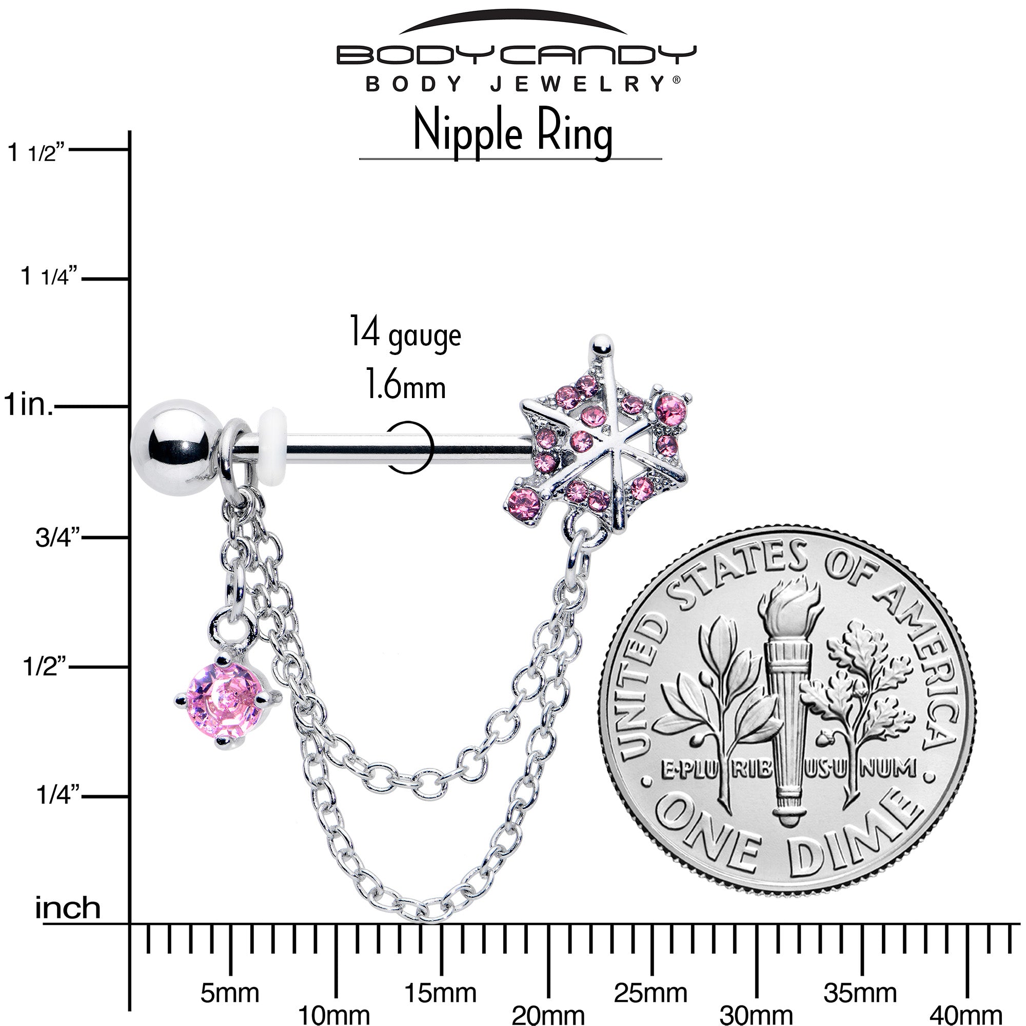 14G 9/16 Pink CZ Gem Spiderweb Chain Dangle Nipple Ring Set