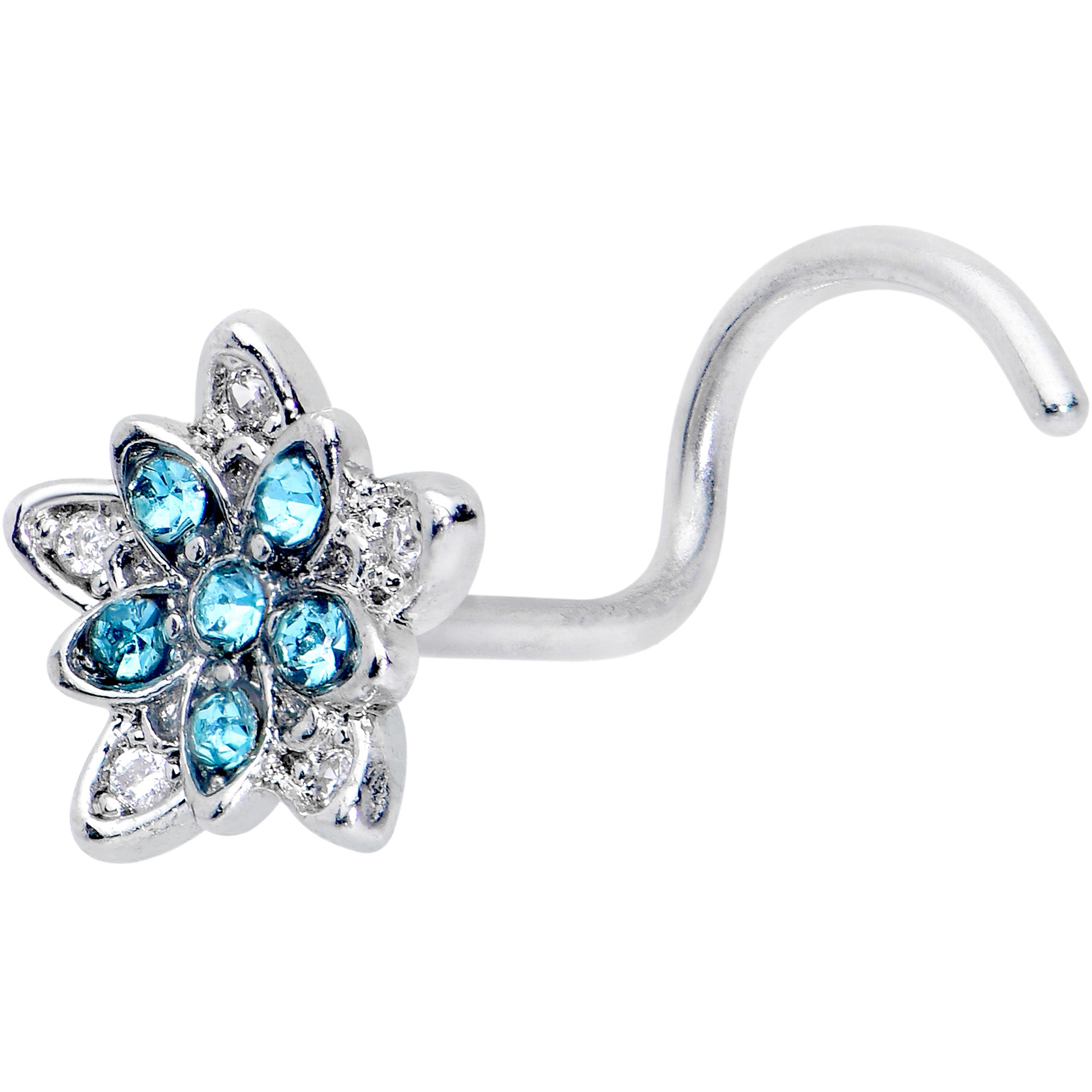 20G 7mm Blue CZ Gem Snowflake Flower Left Side Nose Screw