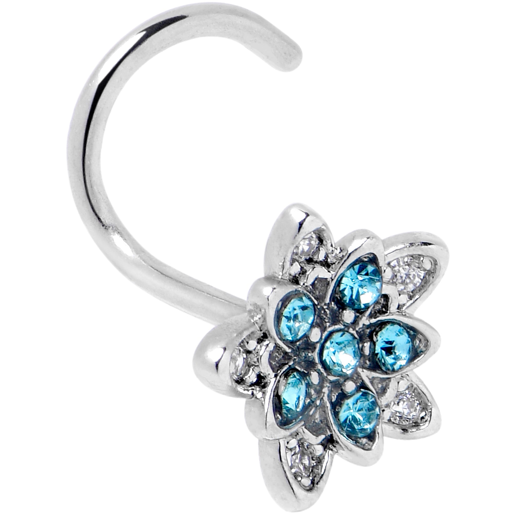 20G 7mm Blue CZ Gem Snowflake Flower Left Side Nose Screw