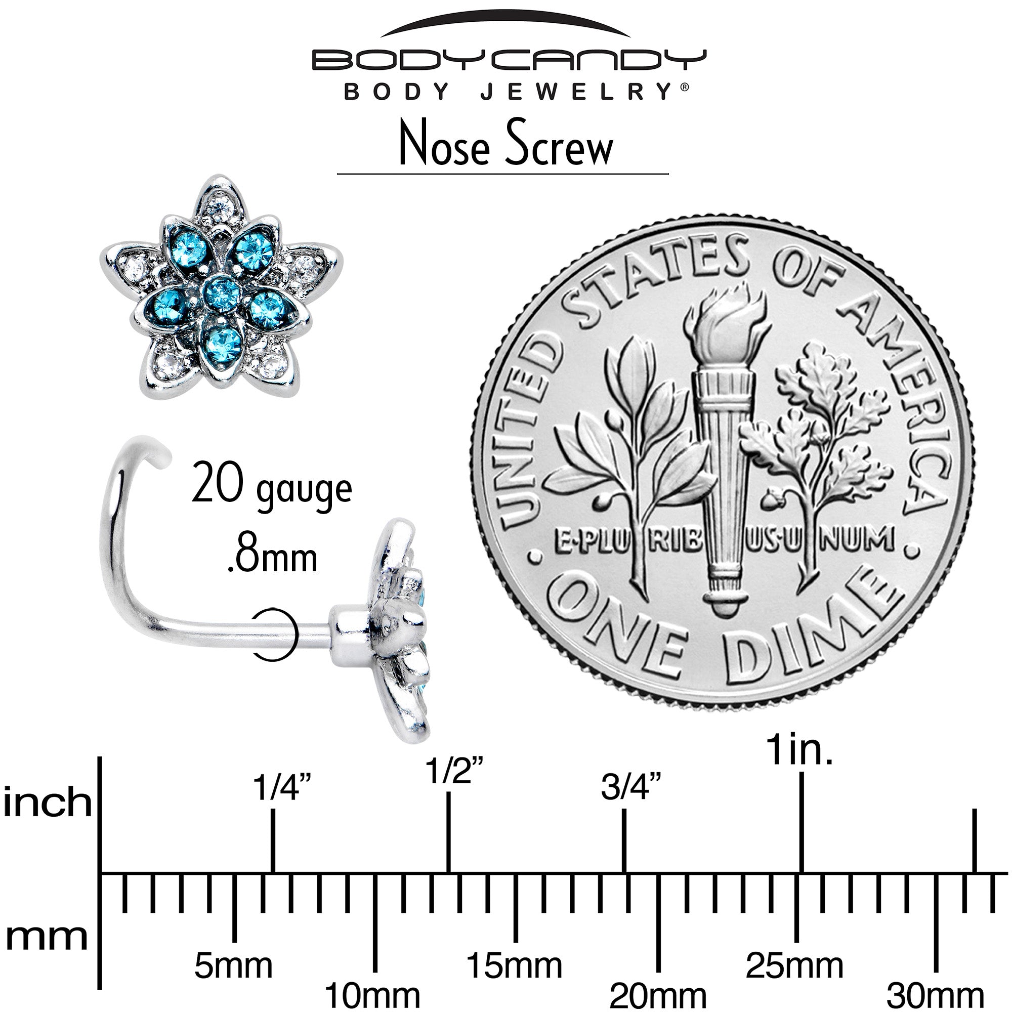 20G 7mm Blue CZ Gem Snowflake Flower Left Side Nose Screw