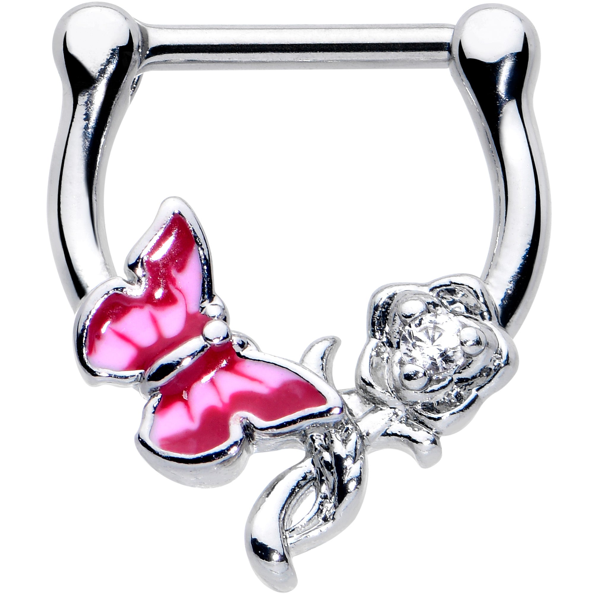 16G 5/6 Clear CZ Gem Butterfly Rose Flower Pink Cartilage Clicker