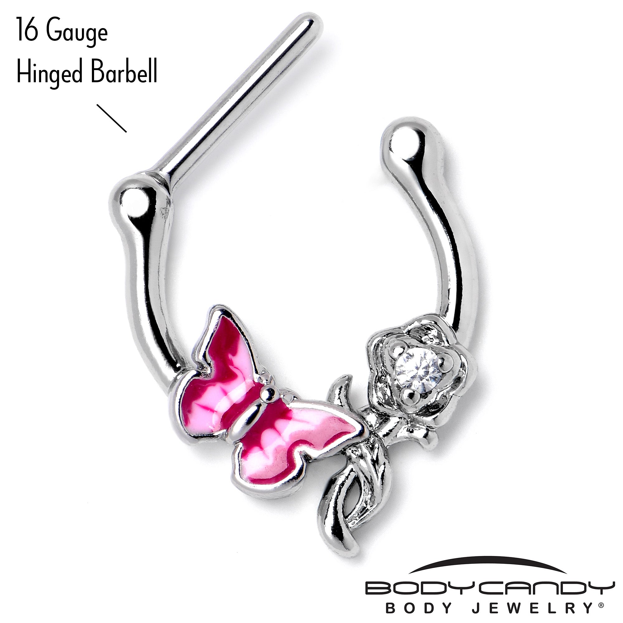 16G 5/6 Clear CZ Gem Butterfly Rose Flower Pink Cartilage Clicker