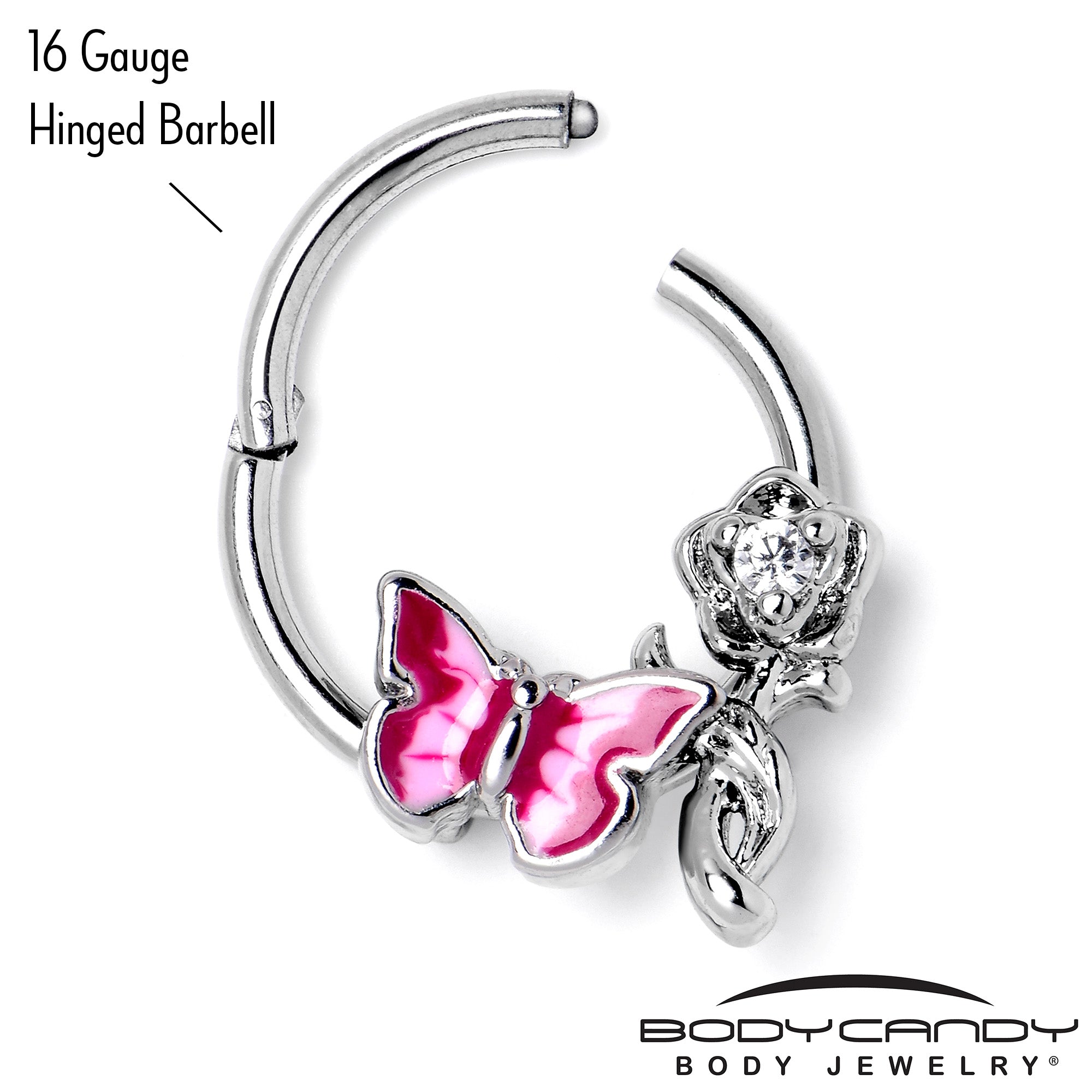 16G 3/8 Clear CZ Gem Butterfly Rose Flower Pink Hinged Segment Ring