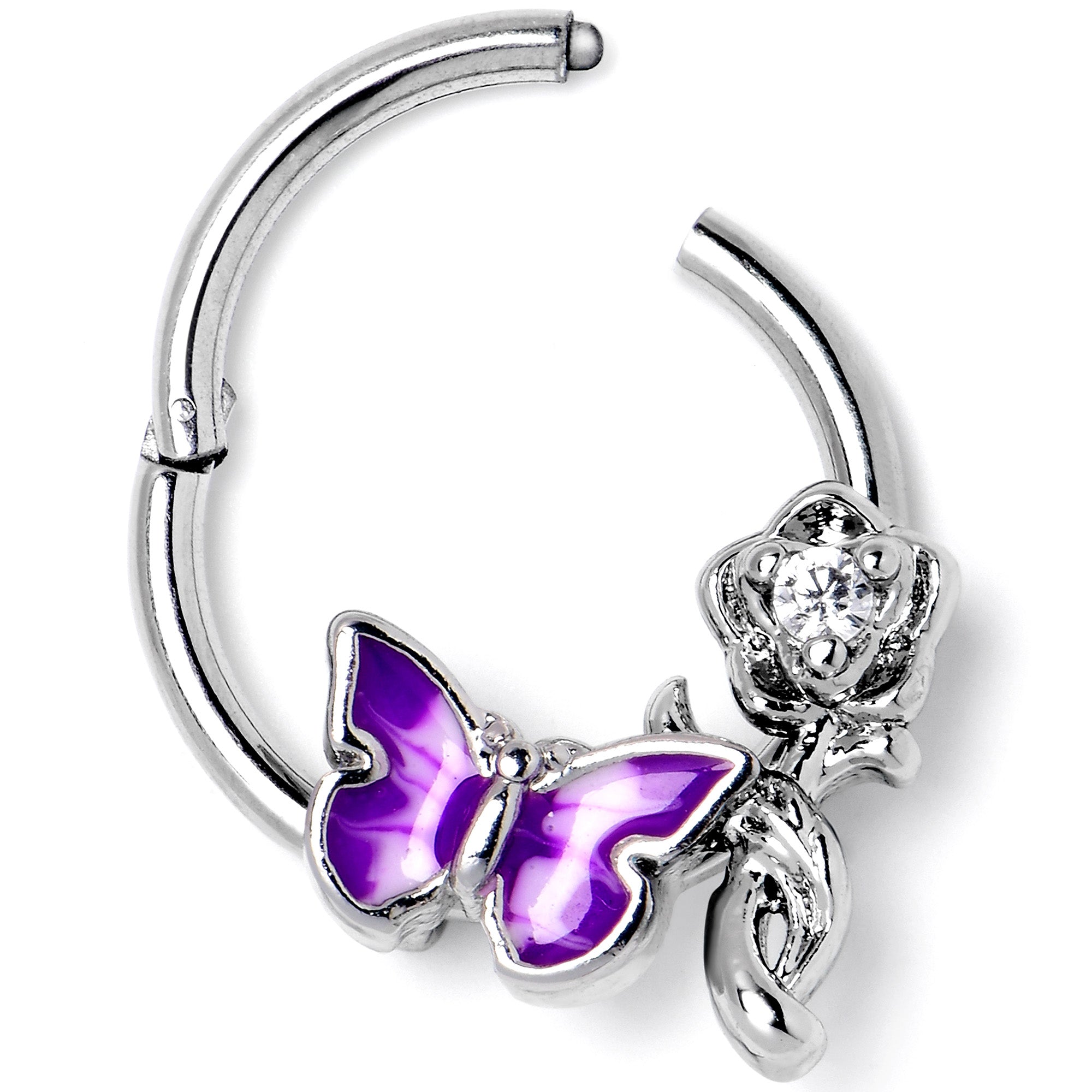 16G 3/8 Clear CZ Gem Butterfly Rose Purple Hinged Segment Ring