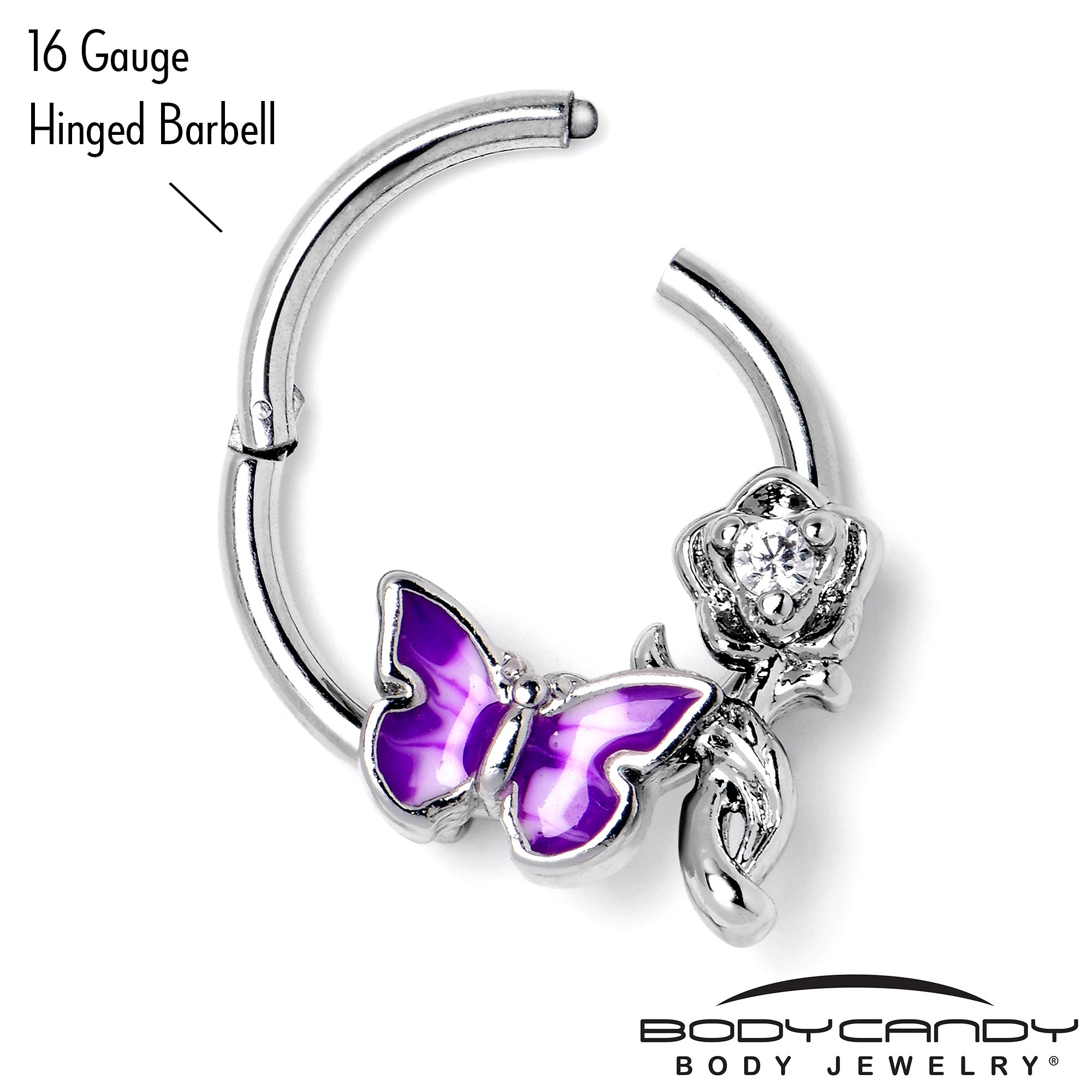 16G 3/8 Clear CZ Gem Butterfly Rose Purple Hinged Segment Ring