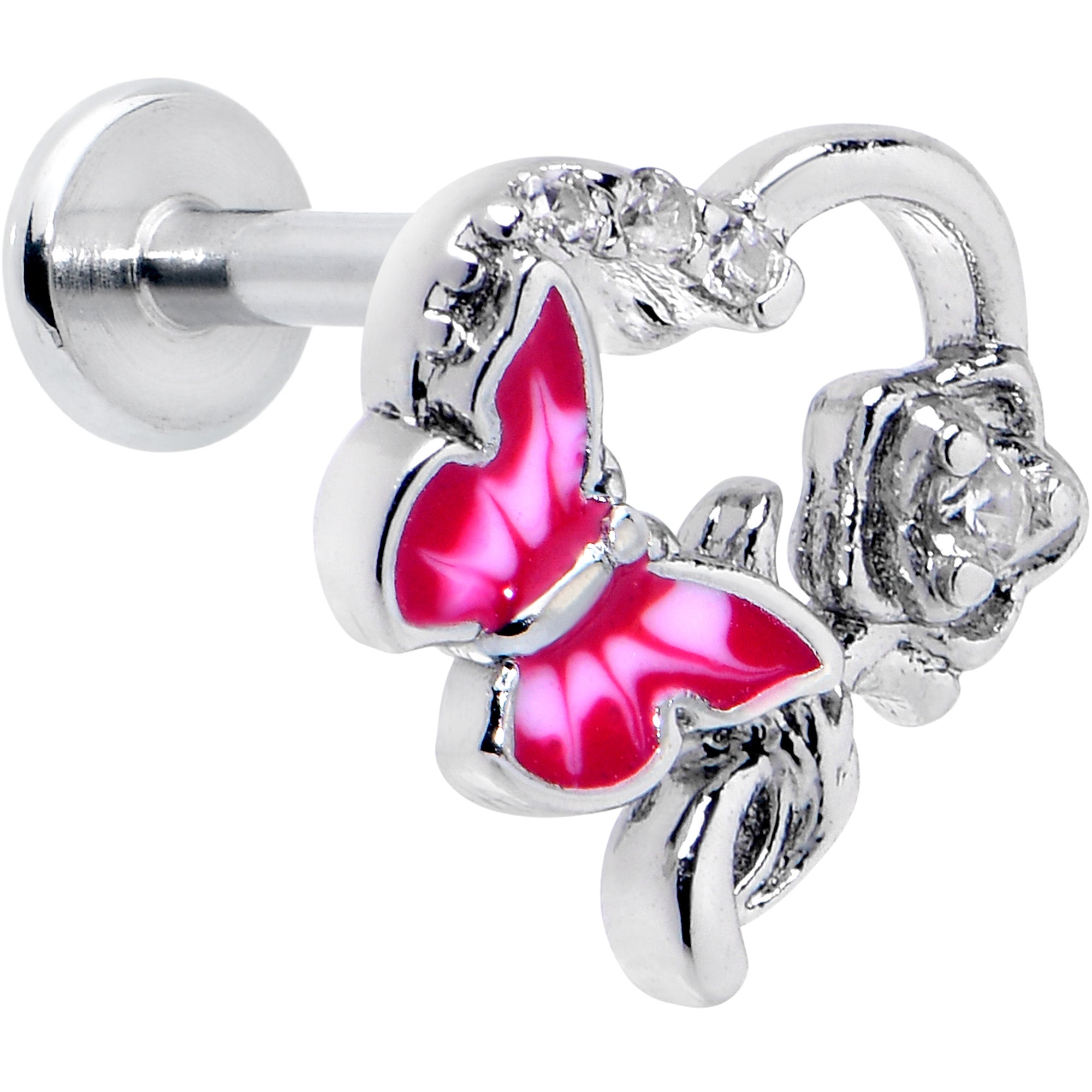 16G 5/16 Clear CZ Gem Butterfly Rose Pink Internally Threaded Labret