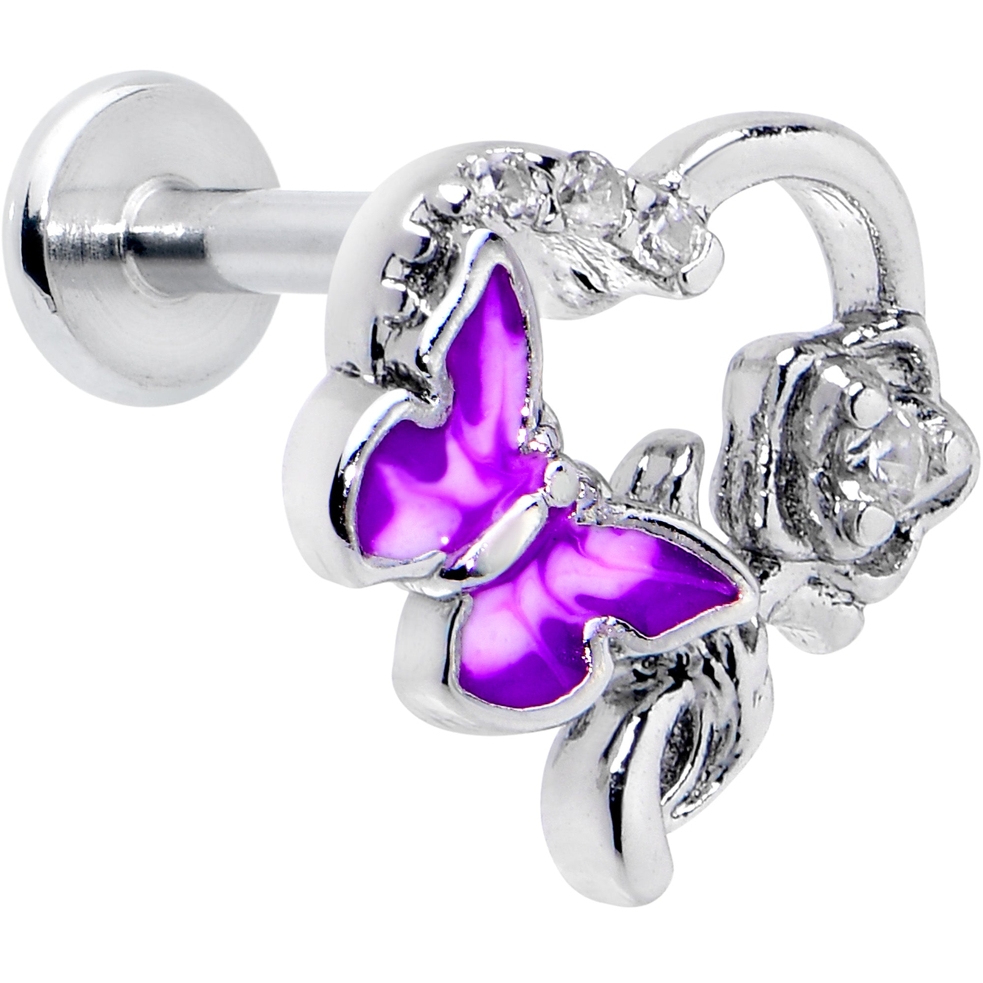 16G 5/16 Clear CZ Gem Butterfly Rose Purple Internally Threaded Labret