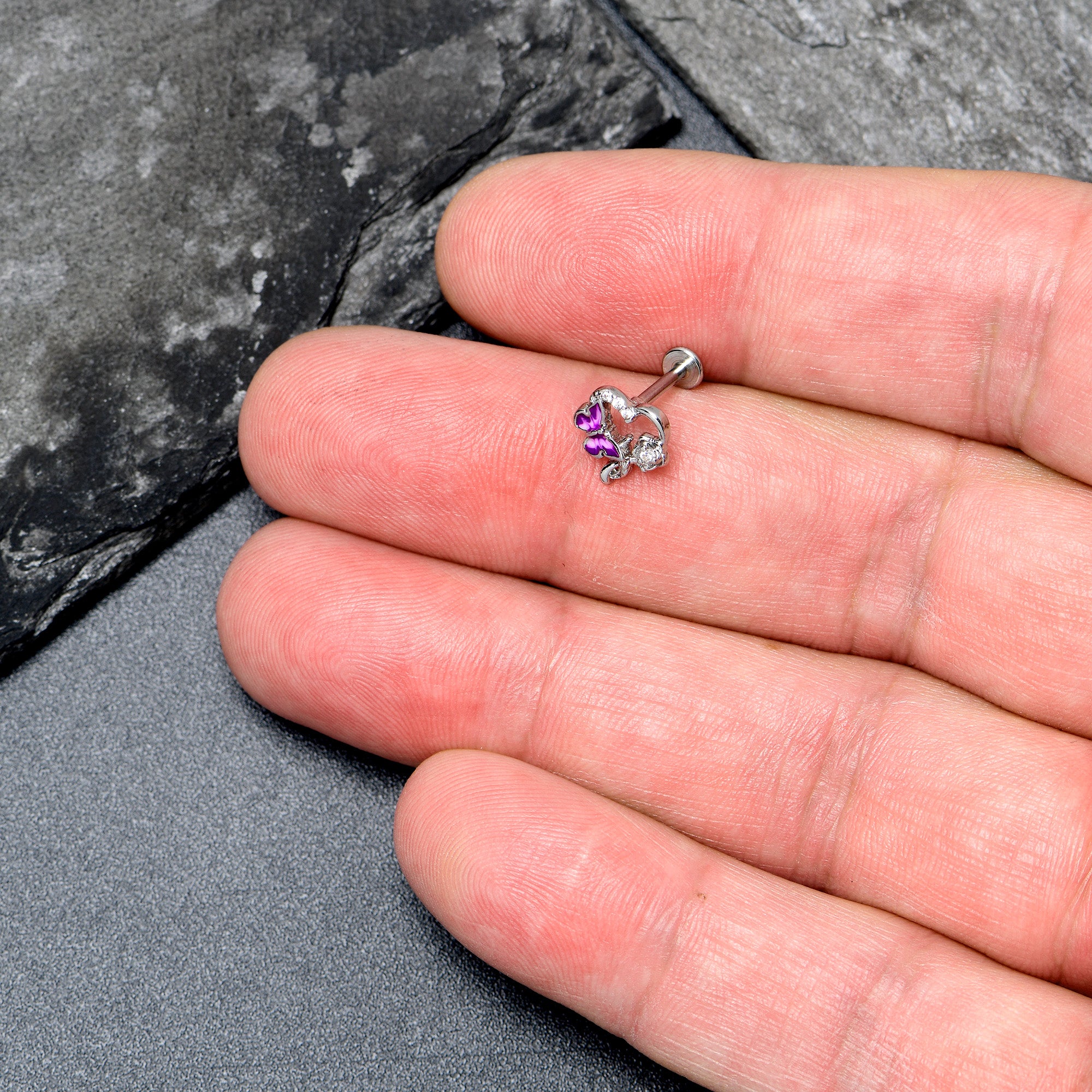 16G 5/16 Clear CZ Gem Butterfly Rose Purple Internally Threaded Labret