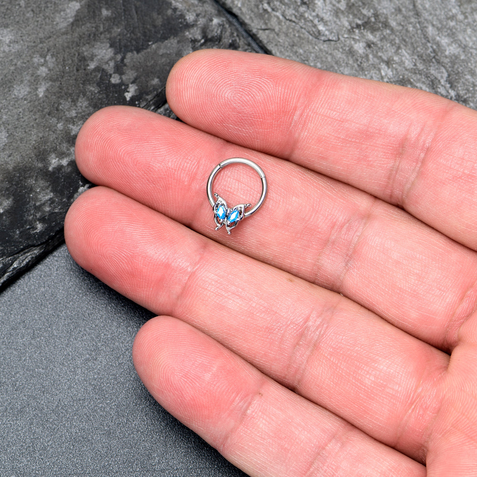 16G 3/8 Blue Gem Fancy Fab Butterfly Hinged Segment Ring