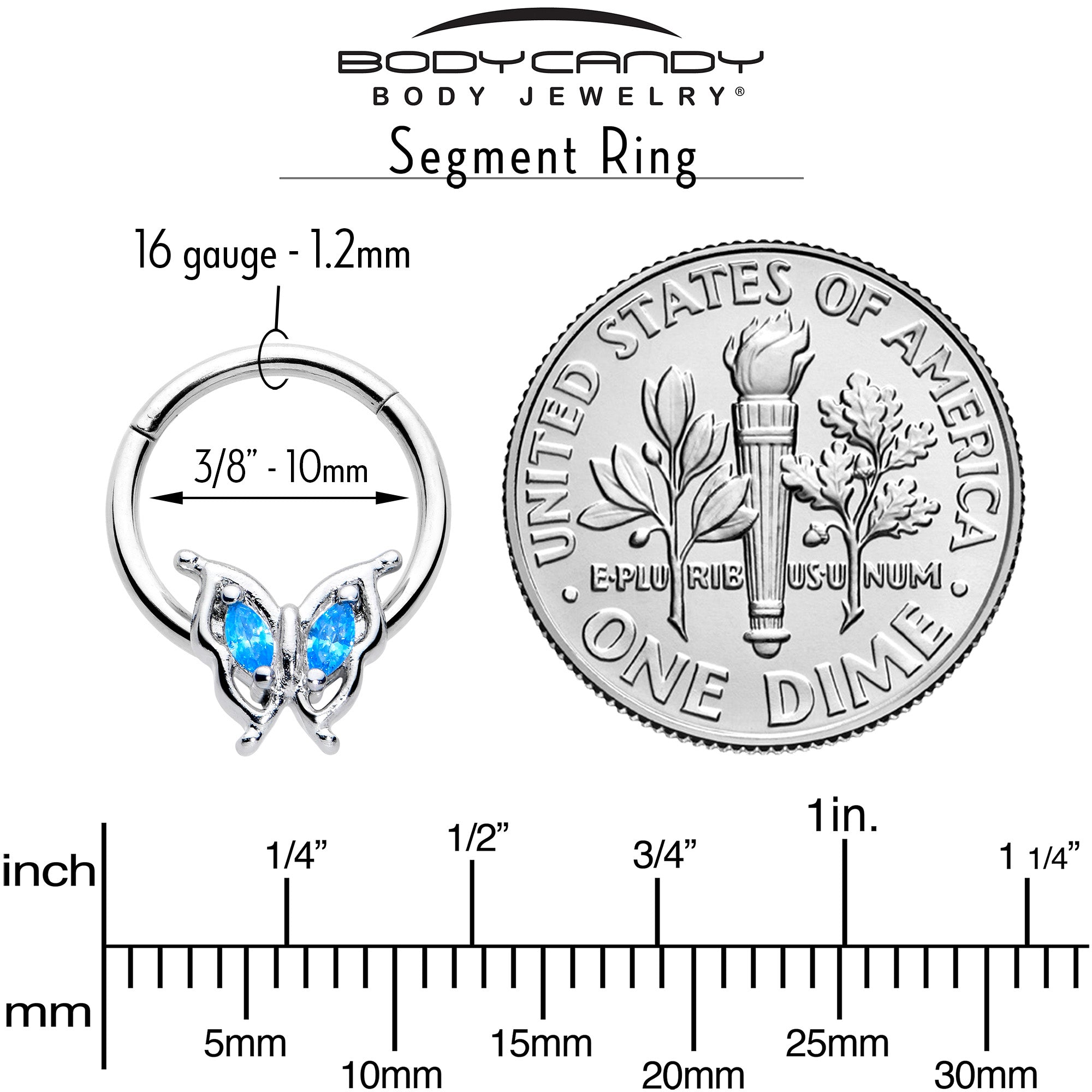 16G 3/8 Blue Gem Fancy Fab Butterfly Hinged Segment Ring