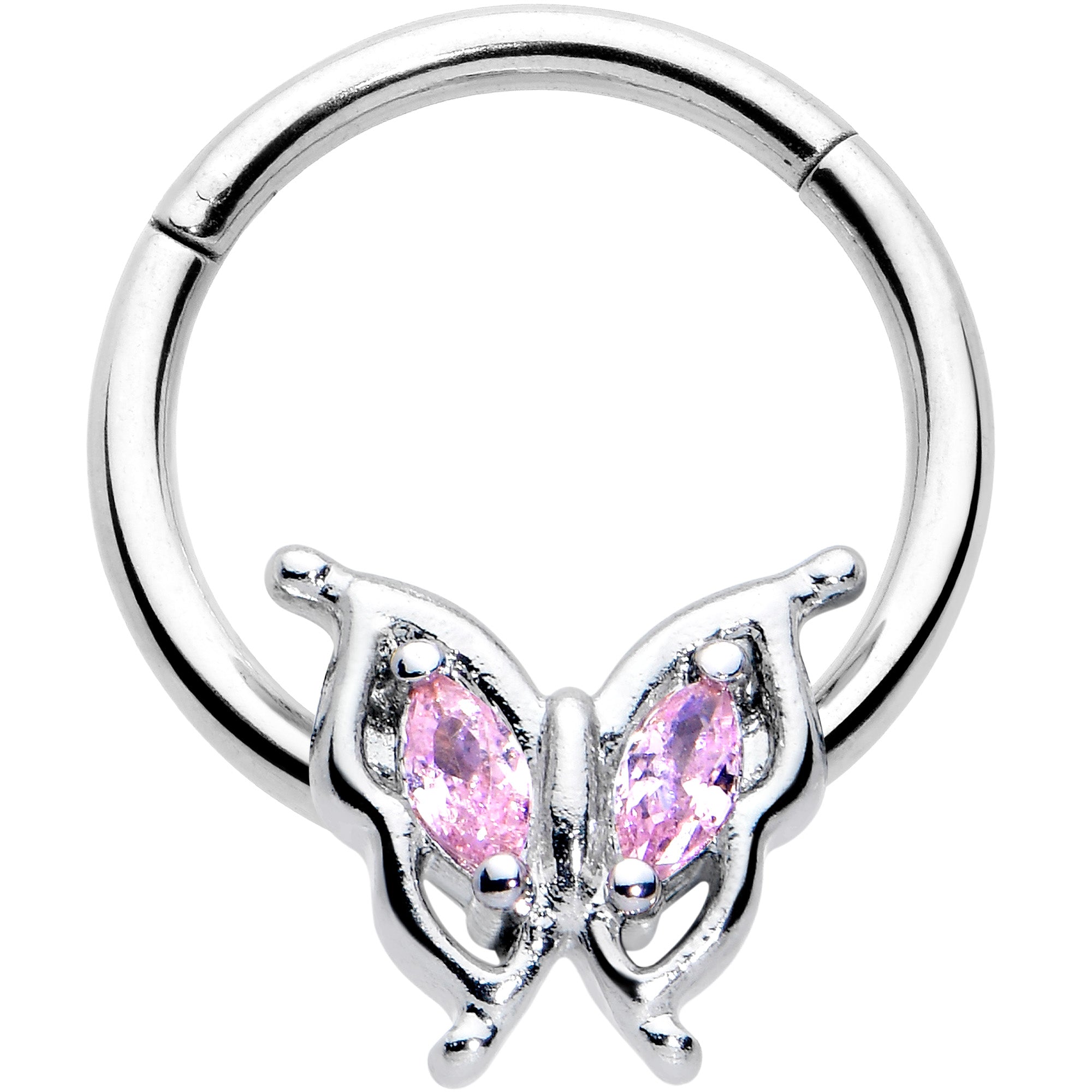 16G 3/8 Pink Gem Fancy Fab Butterfly Hinged Segment Ring