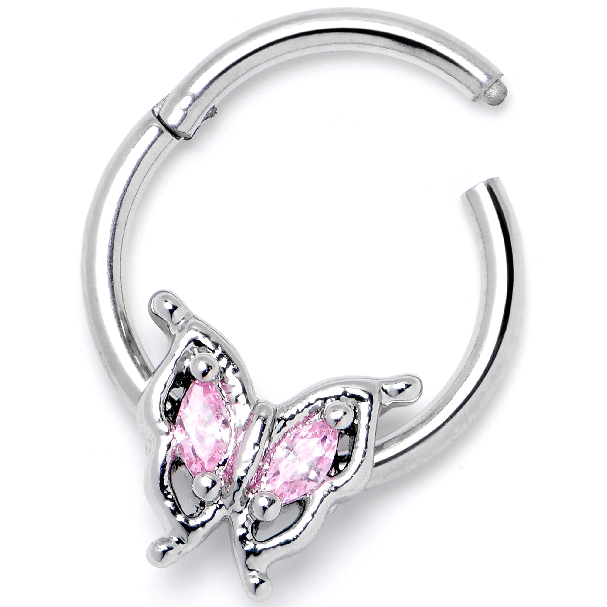 16G 3/8 Pink Gem Fancy Fab Butterfly Hinged Segment Ring