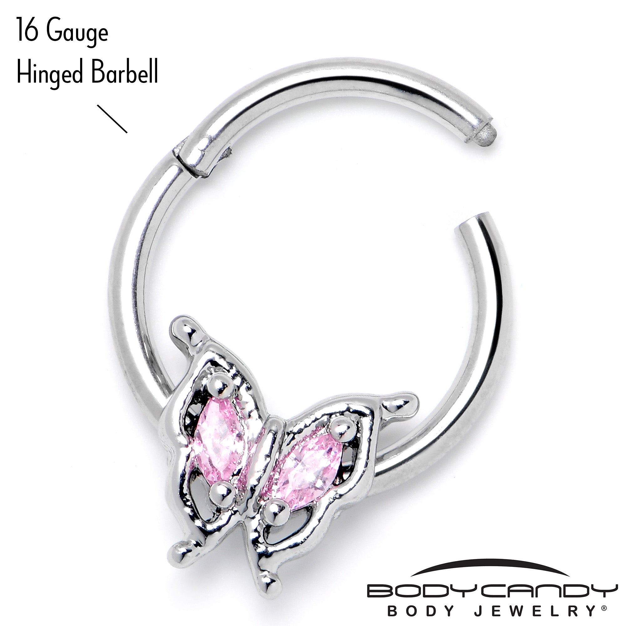 16G 3/8 Pink Gem Fancy Fab Butterfly Hinged Segment Ring