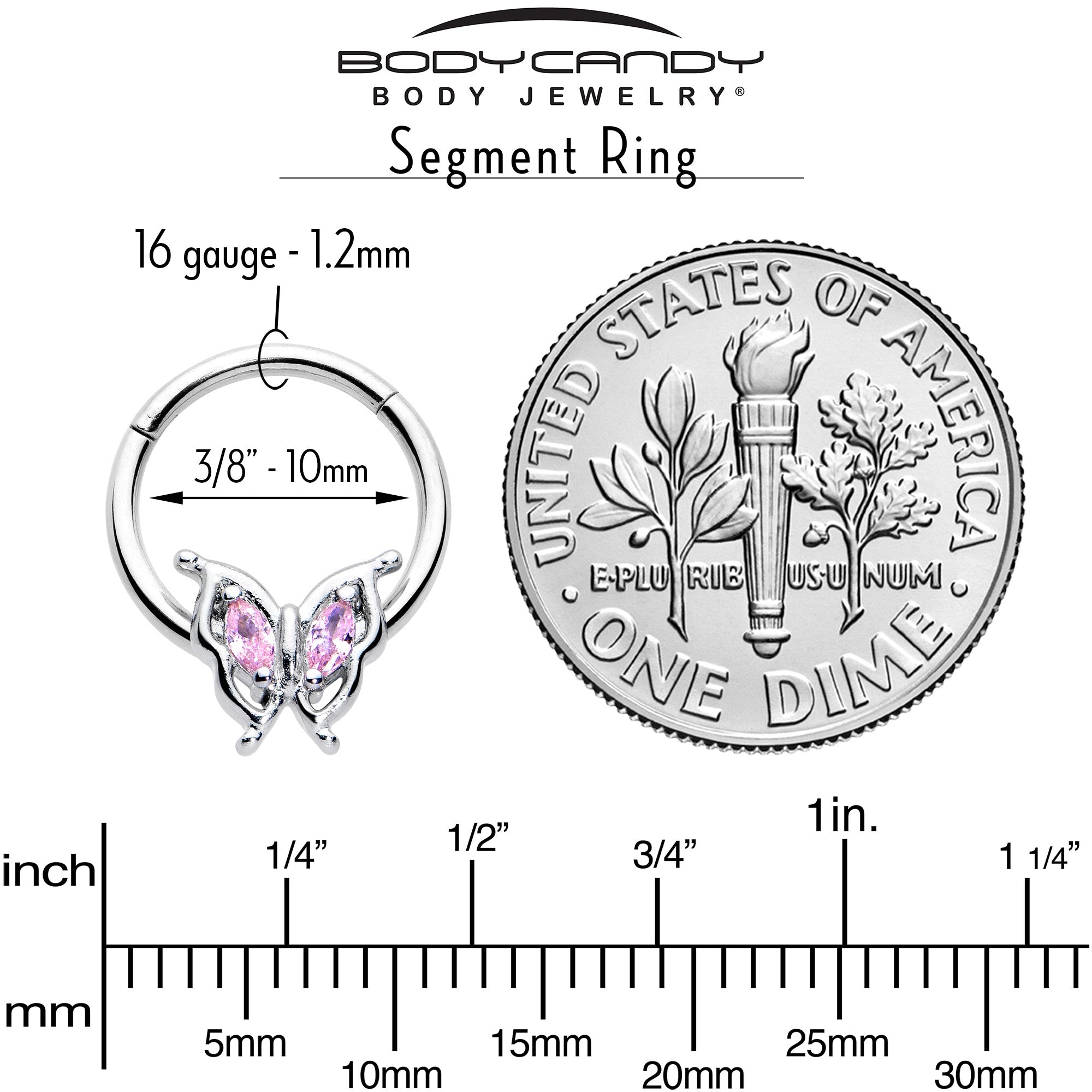 16G 3/8 Pink Gem Fancy Fab Butterfly Hinged Segment Ring