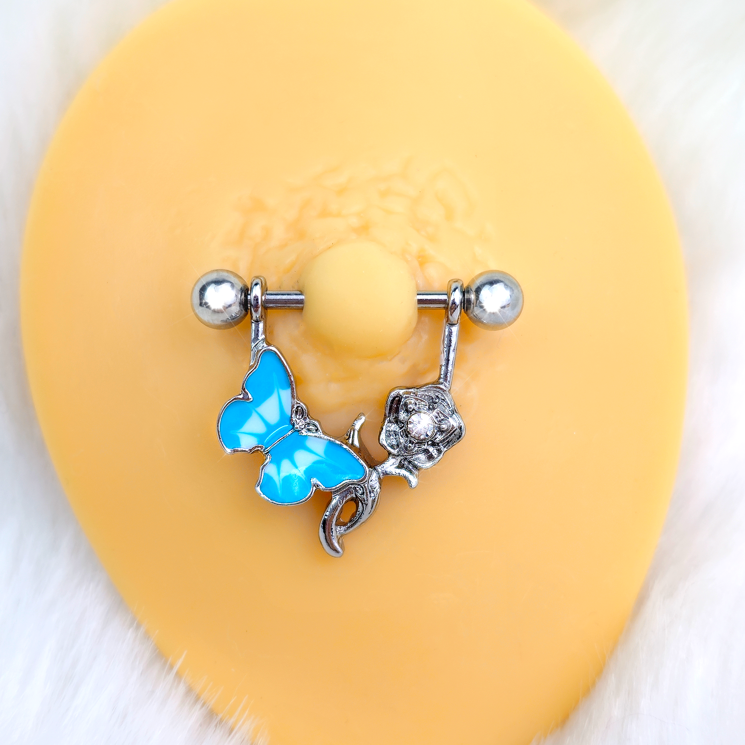 14G 9/16 Butterfly Blue Rose Flower Dangle Nipple Ring Set