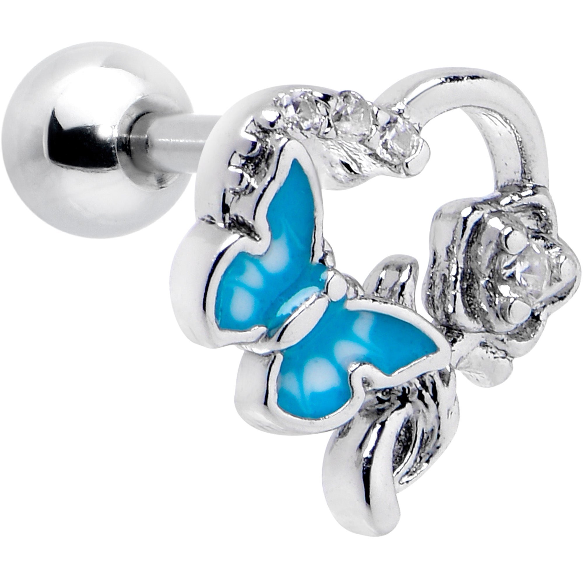 16G 1/4 Clear CZ Gem Butterfly Rose Blue Cartilage Tragus Stud