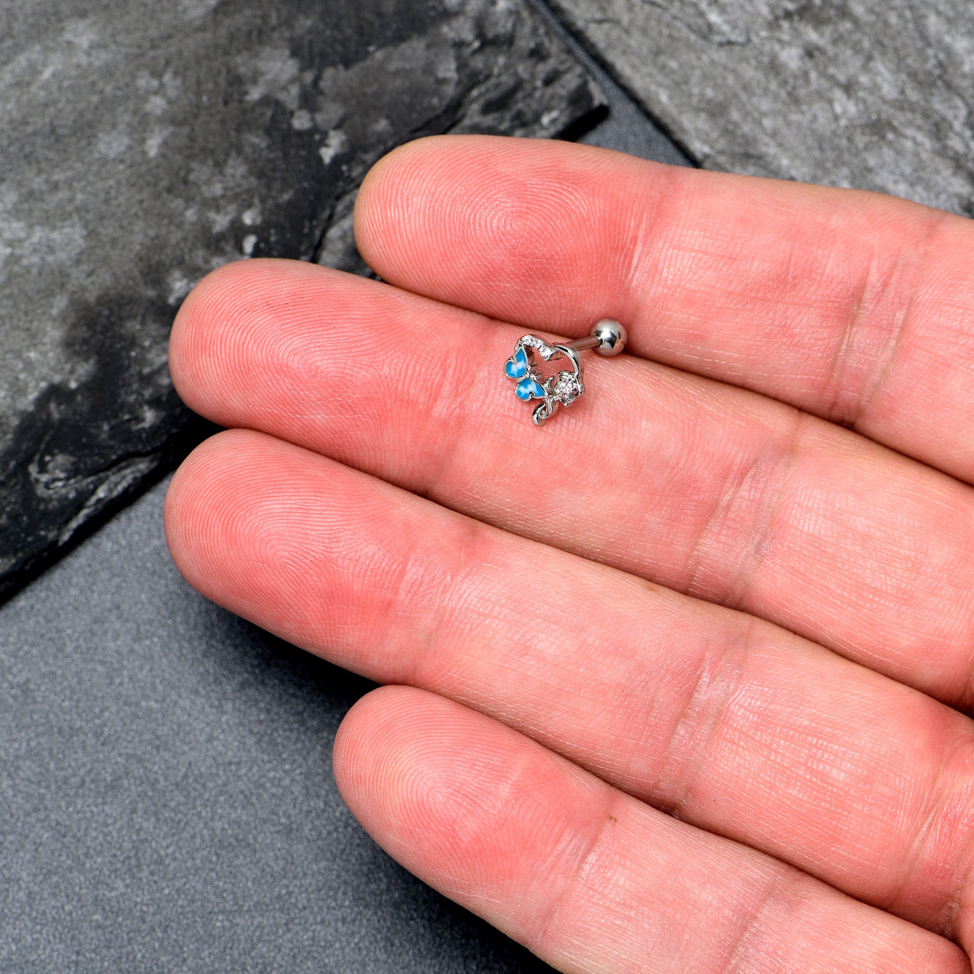 16G 1/4 Clear CZ Gem Butterfly Rose Blue Cartilage Tragus Stud