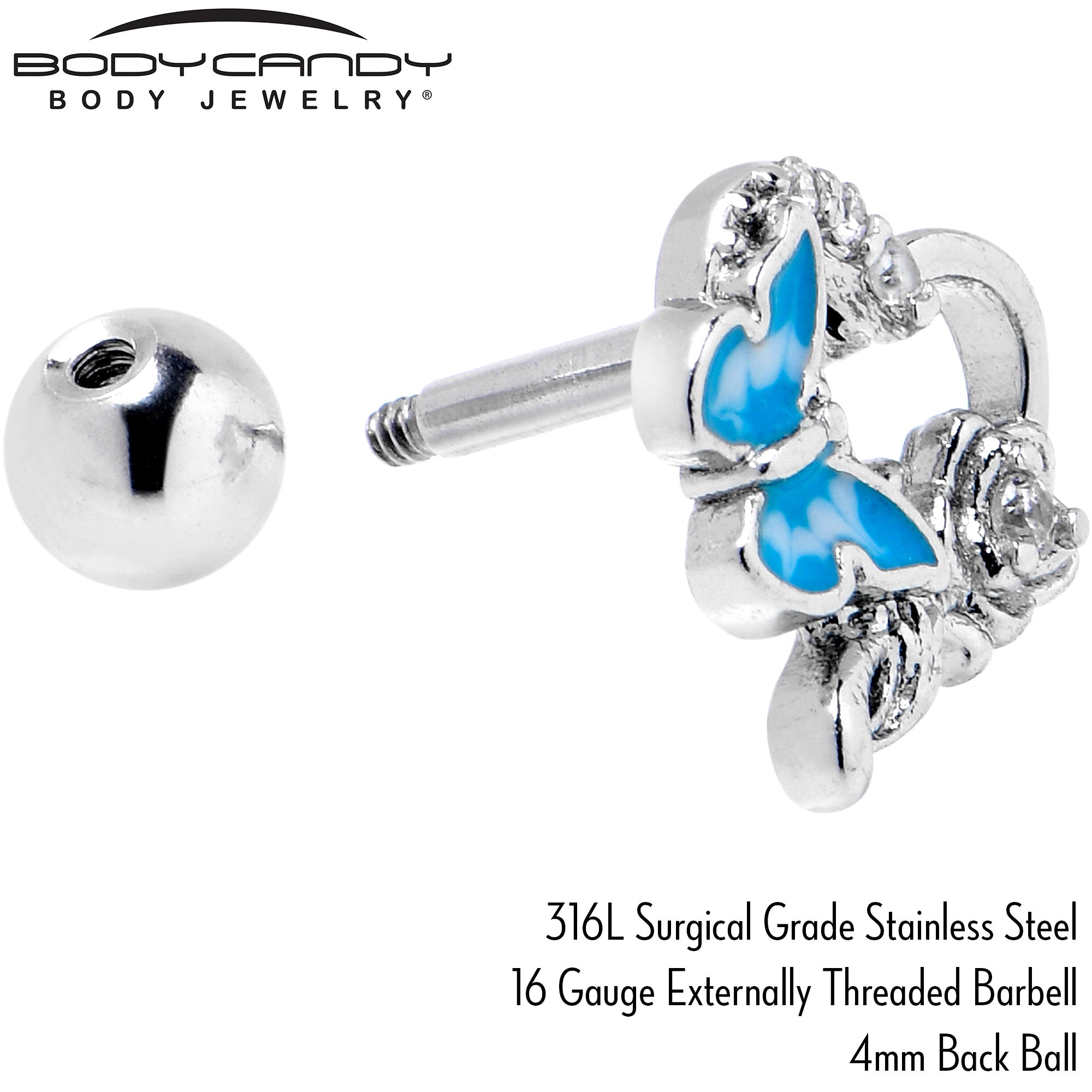 16G 1/4 Clear CZ Gem Butterfly Rose Blue Cartilage Tragus Stud
