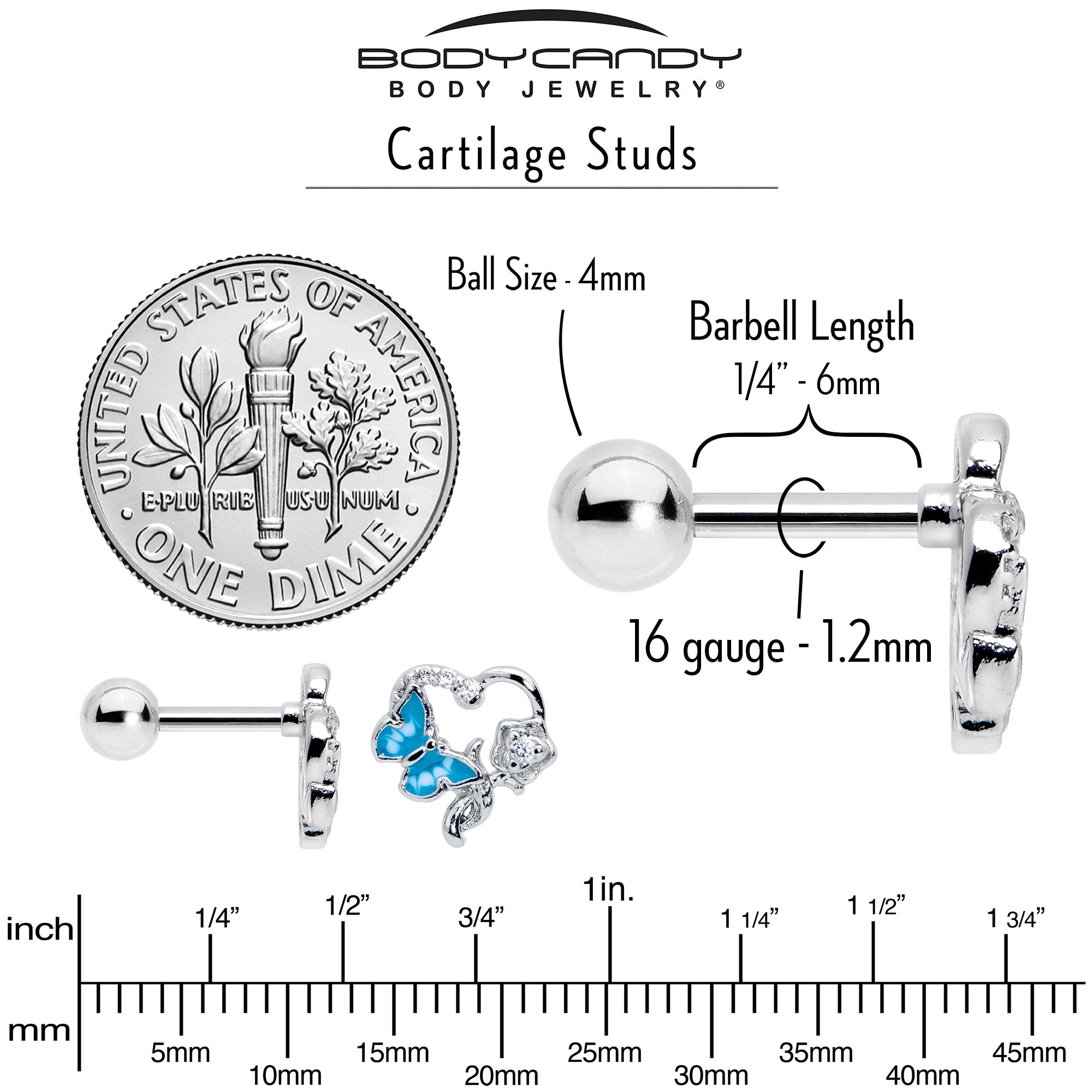16G 1/4 Clear CZ Gem Butterfly Rose Blue Cartilage Tragus Stud