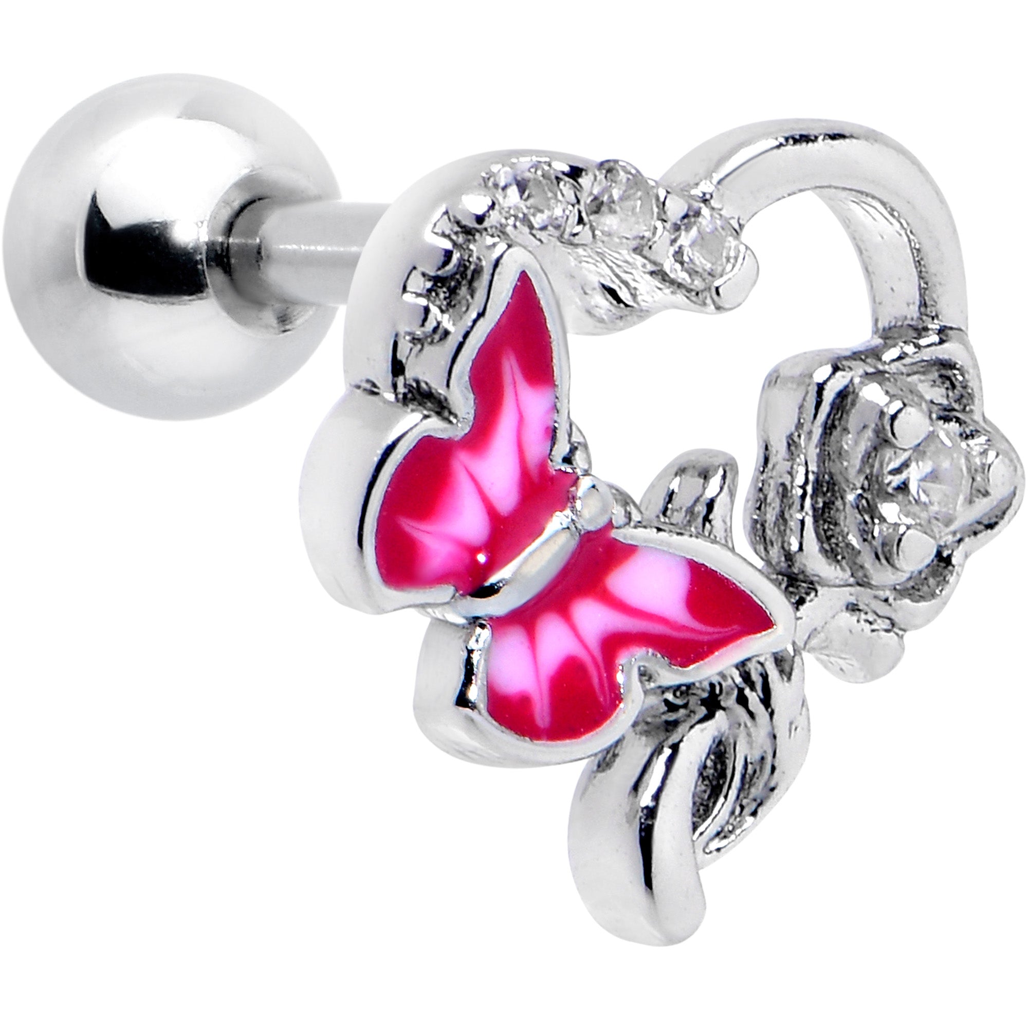 16G 1/4 Clear CZ Gem Butterfly Rose Pink Cartilage Tragus Stud
