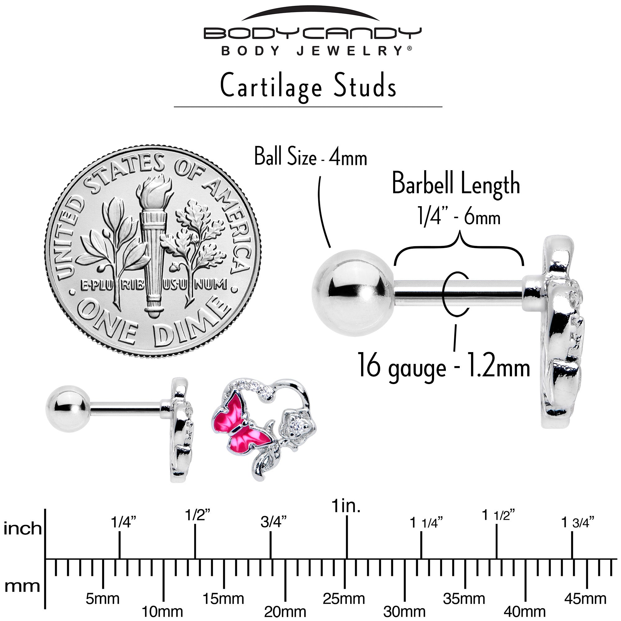 16G 1/4 Clear CZ Gem Butterfly Rose Pink Cartilage Tragus Stud
