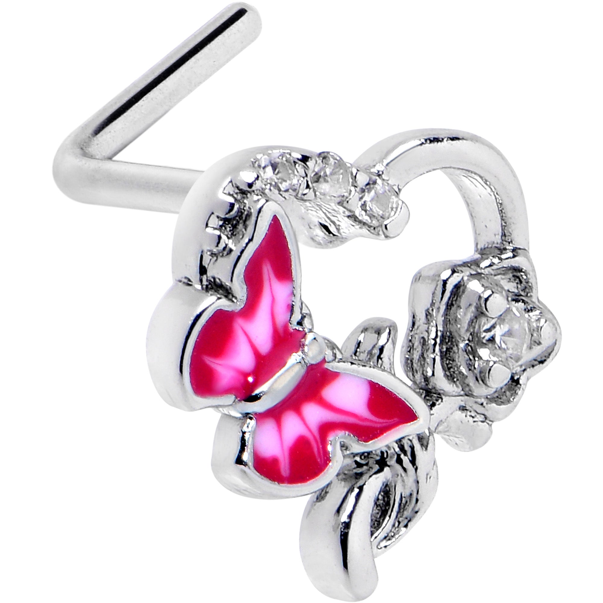 20G 7mm Clear CZ Gem Butterfly Rose Flower Pink L Shape Nose Ring